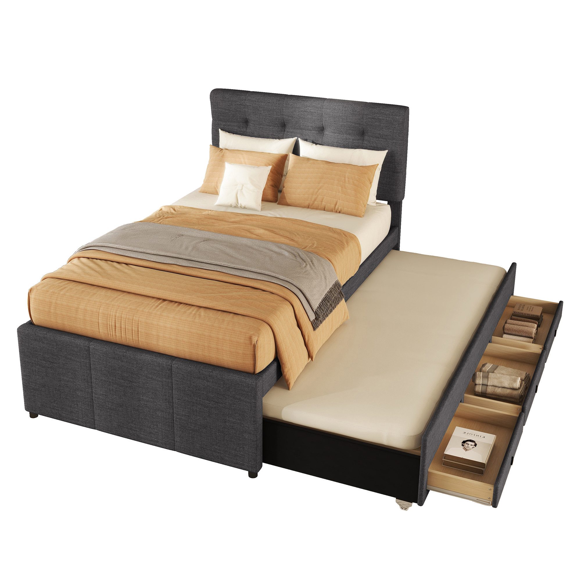 Rutaqian Ausziehbett Polsterbett, 90x200cm, Ausziehbares Rollbett, Verstellbares Kopfteil