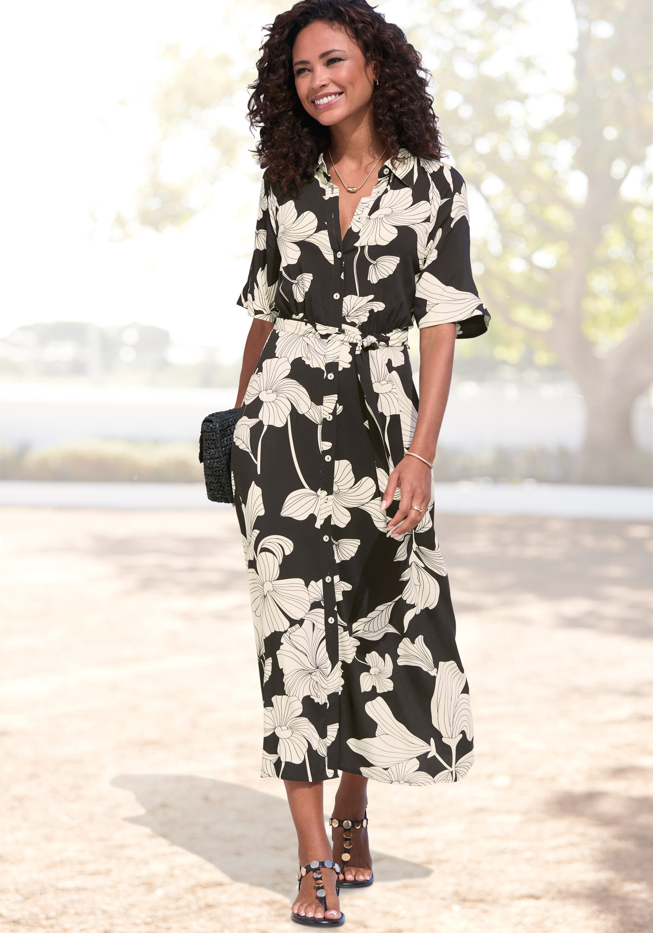 Vivance by Lascana Hemdblusenkleid mit klassischem Blusenkragen aus leichter Webware mit Blumendruck (mit Bindegürtel) Sommerliches Viskosekleid, Sommerkleid, Webkleid, casual
