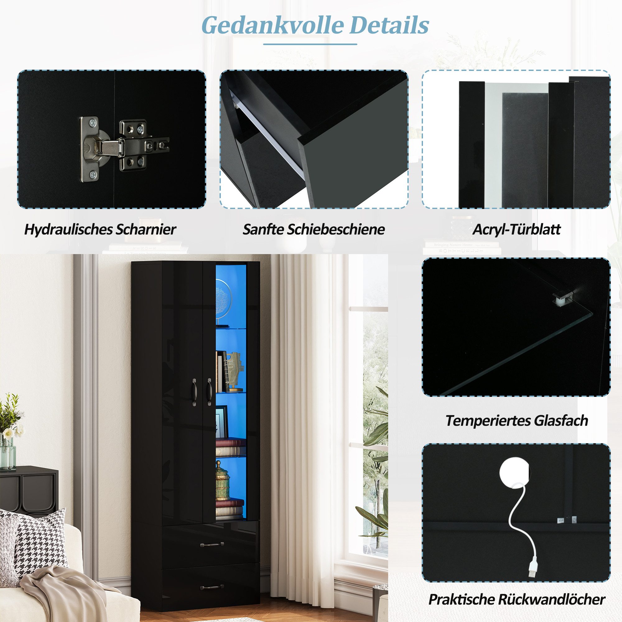 Merax Vitrine Standvitrine mit LED-Beleuchtung und Stauraum (1-St) Standregal Wohnzimmerschrank mit Acryl-Glastür & 2 Türen,60x35x182,5cm – Bild 5 von 5