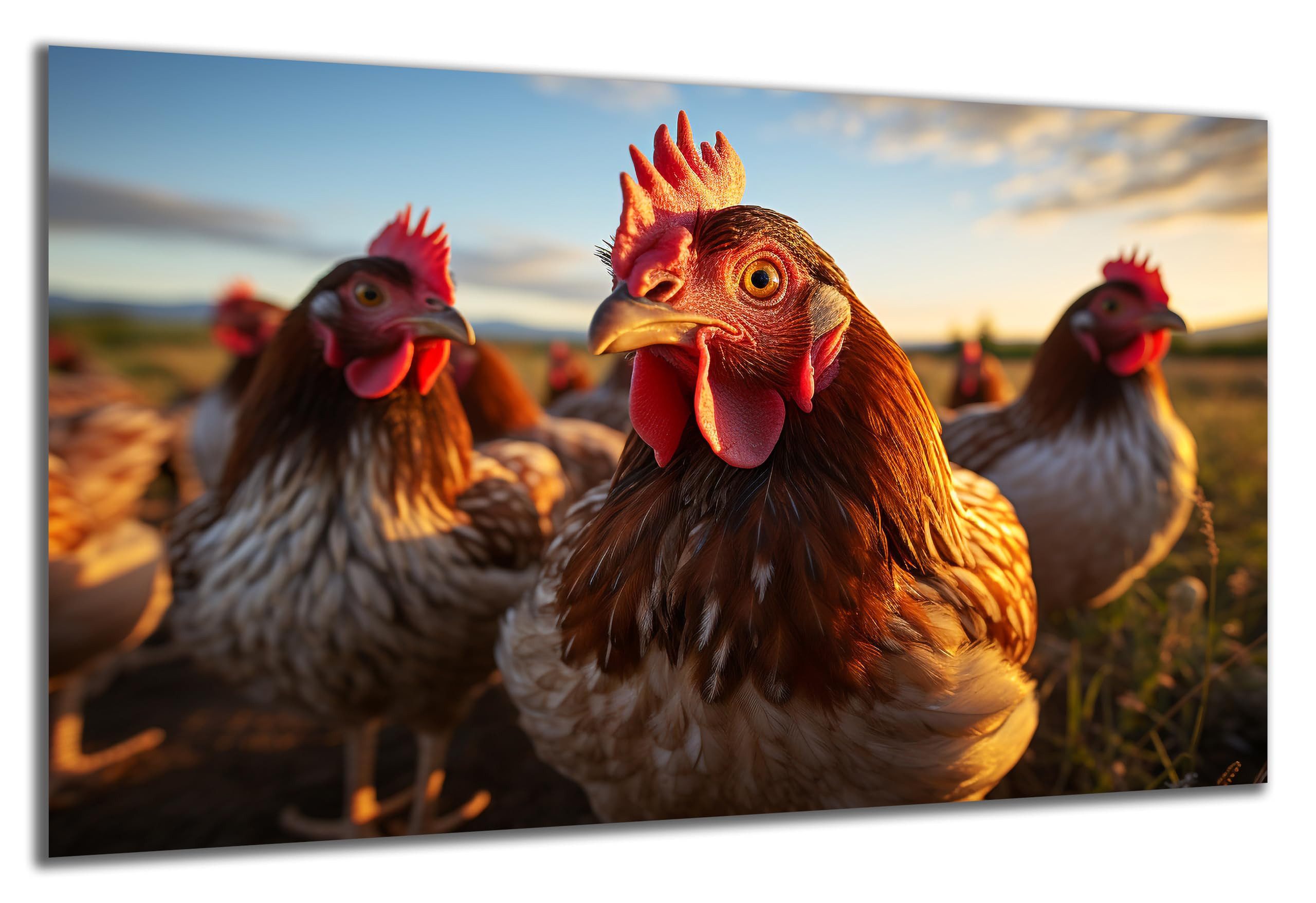 DARO Design Wandbild Vogelwelt Wandbilder Wand Deko Bilder Geschenk Leinwandbild, (Hühner Wiese - Bild groß Wohnzimmer Schlafzimmer Büro Flur Esszimmer Einteilig Querformat Fotodruck Vögel & Tiere), 84x56 cm