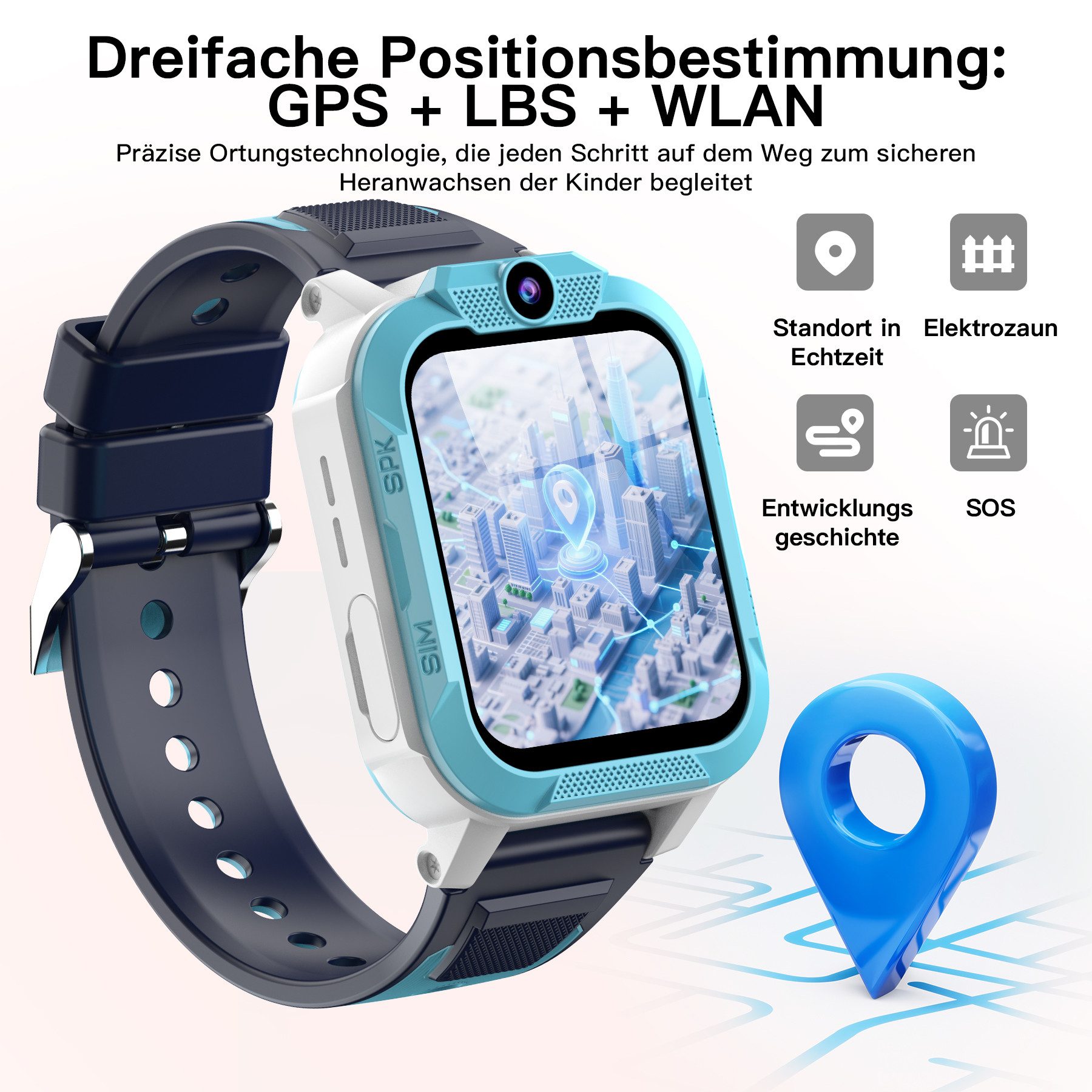 blackview 2026 Kinderuhr Z40Pro mit 3-fach Ortung, Videoanruf, IP68, SOS, 850mAh Smartwatch, 1,85", GPS+LBS+WiFi, 4G-LTE, IP68, Knips-Freunde, mit Taschenlampe