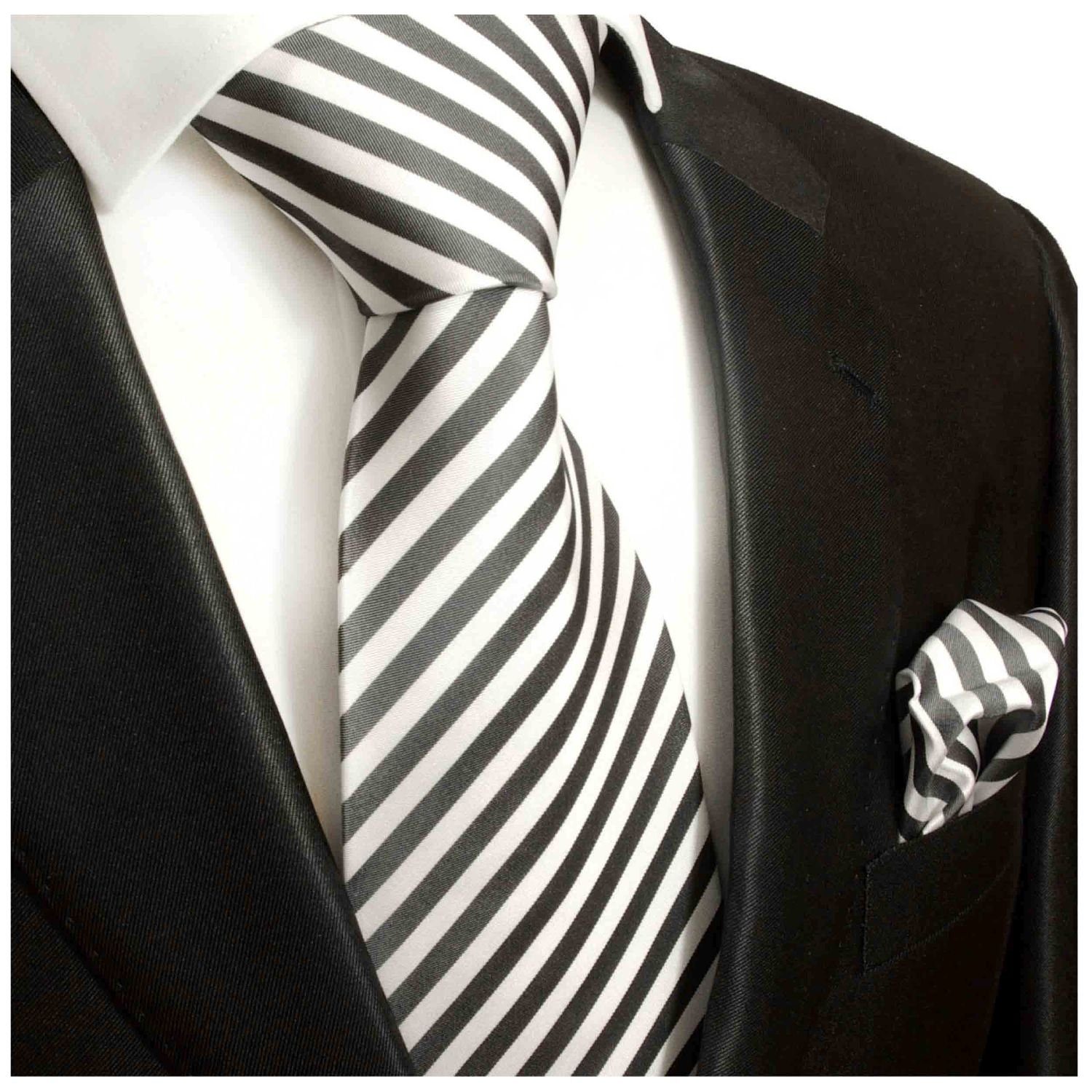 Einstecktuch) Seide 100% gestreift Krawatte Seidenkrawatte 2-St., (Set, mit Tuch (6cm), Paul Herren Krawatte anthrazit Malone Schmal mit 112 modern