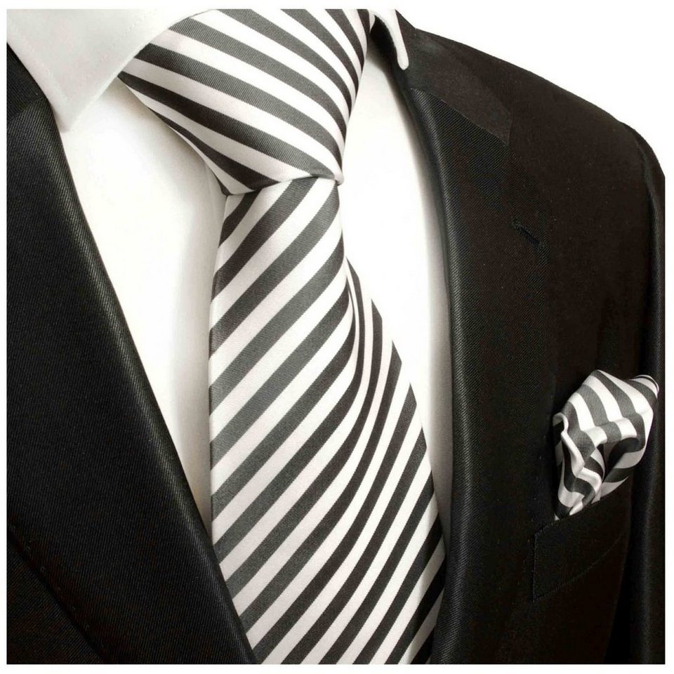 Paul Malone Krawatte Herren Seidenkrawatte mit Tuch modern gestreift 100%  Seide (Set, 2-St., Krawatte mit Einstecktuch) Schmal (6cm), anthrazit 112