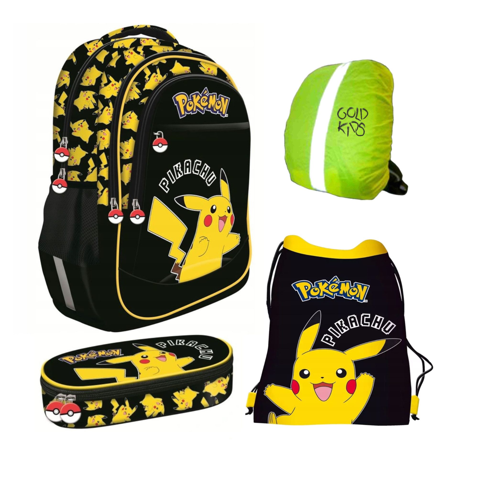 GOLDKIDS Schulranzen für Jungen und Mädchen, 4er-Set - (Schul-Rucksack für Kinder mit, 1-tlg., Schlampermäppchen - Schuhbeutel und Regenschutz), - Pokemon Motiv - 1-3 Klasse