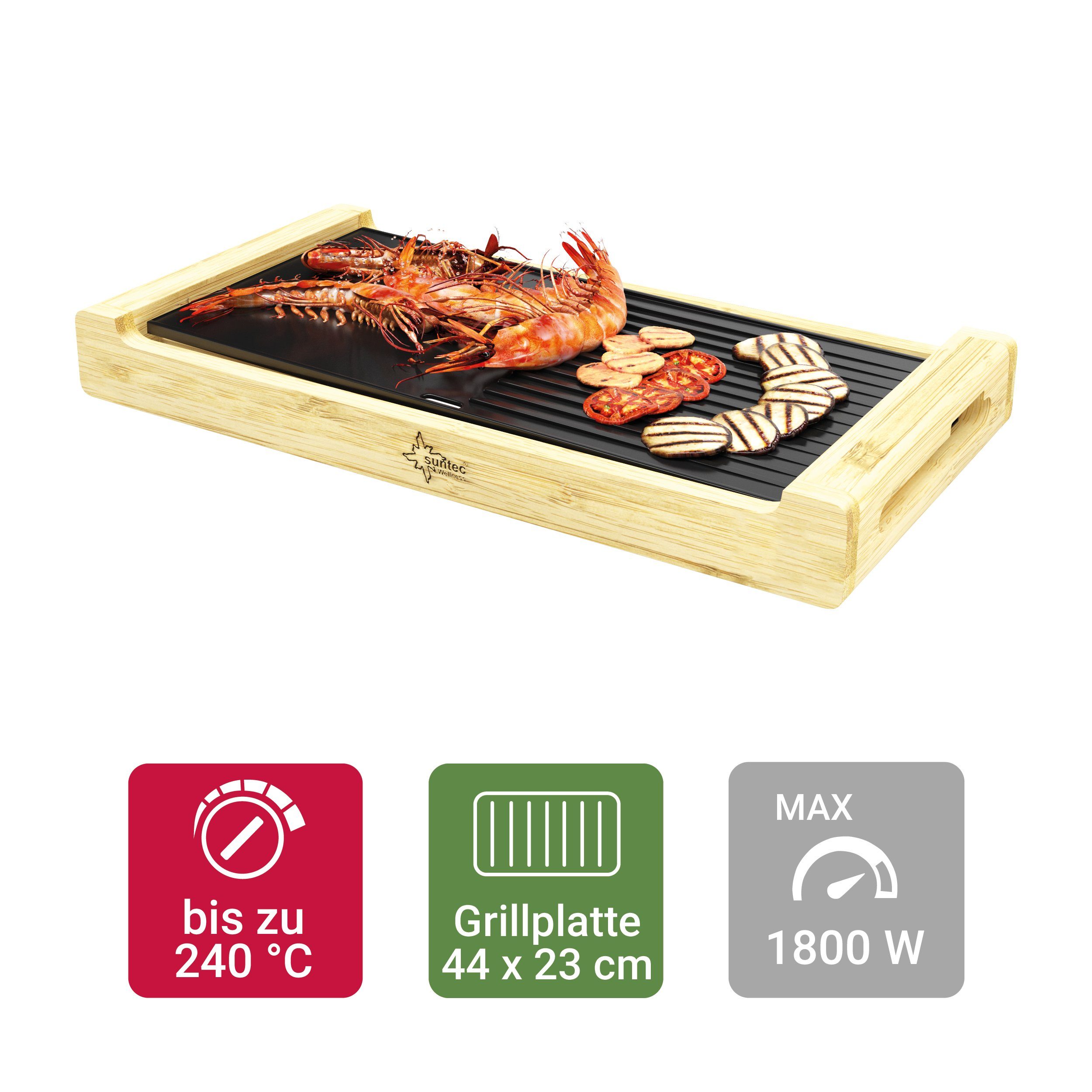 Suntec Wellness Tischgrill TGR-7017 bamboo, 1800,00 W, Antihaftbeschichteter Mini-Elektrogrill, Fettauffangschale, Thermostat