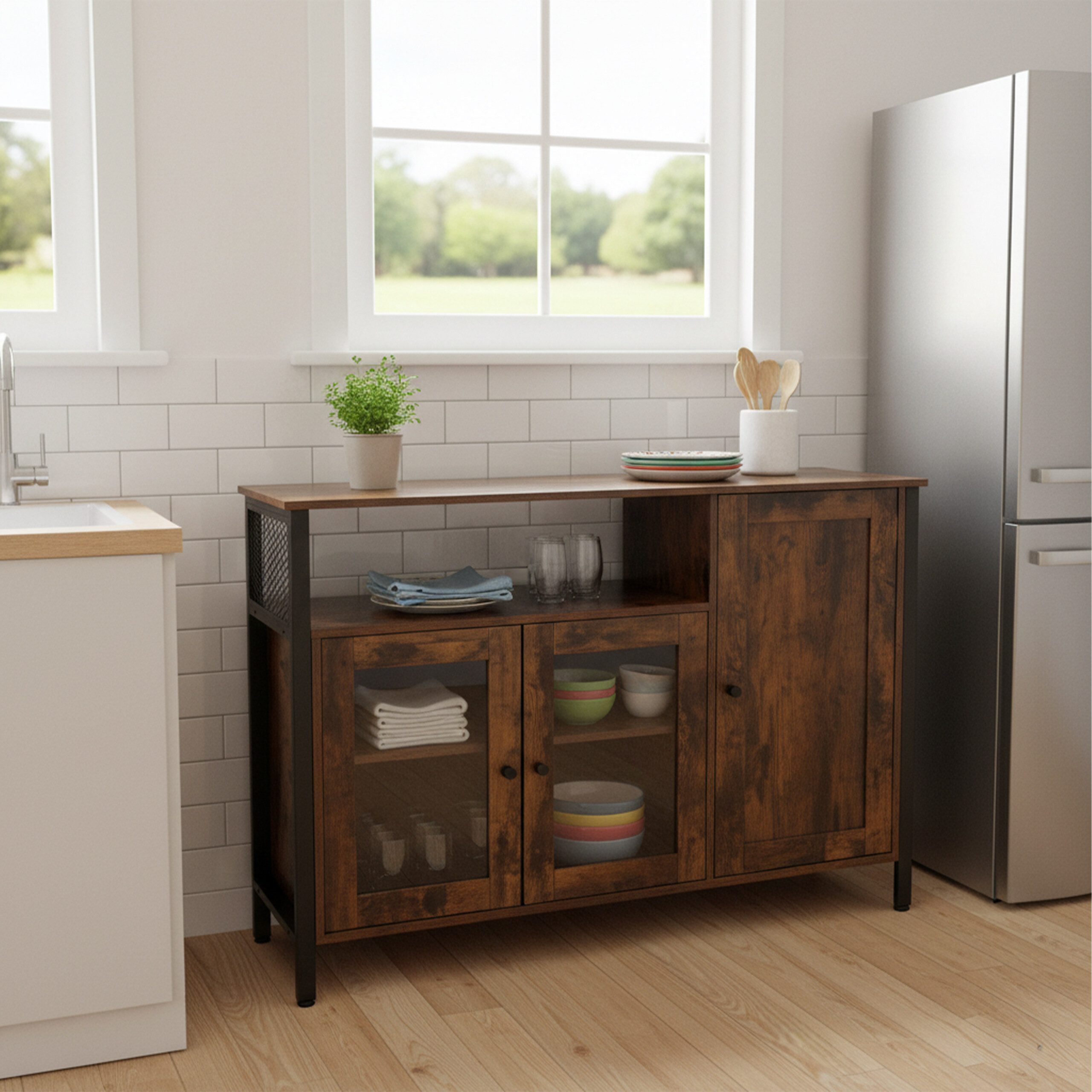 relaxdays Küchenbuffet Küchenschrank mit Glastüren Industrial-Schwarz günstig online kaufen