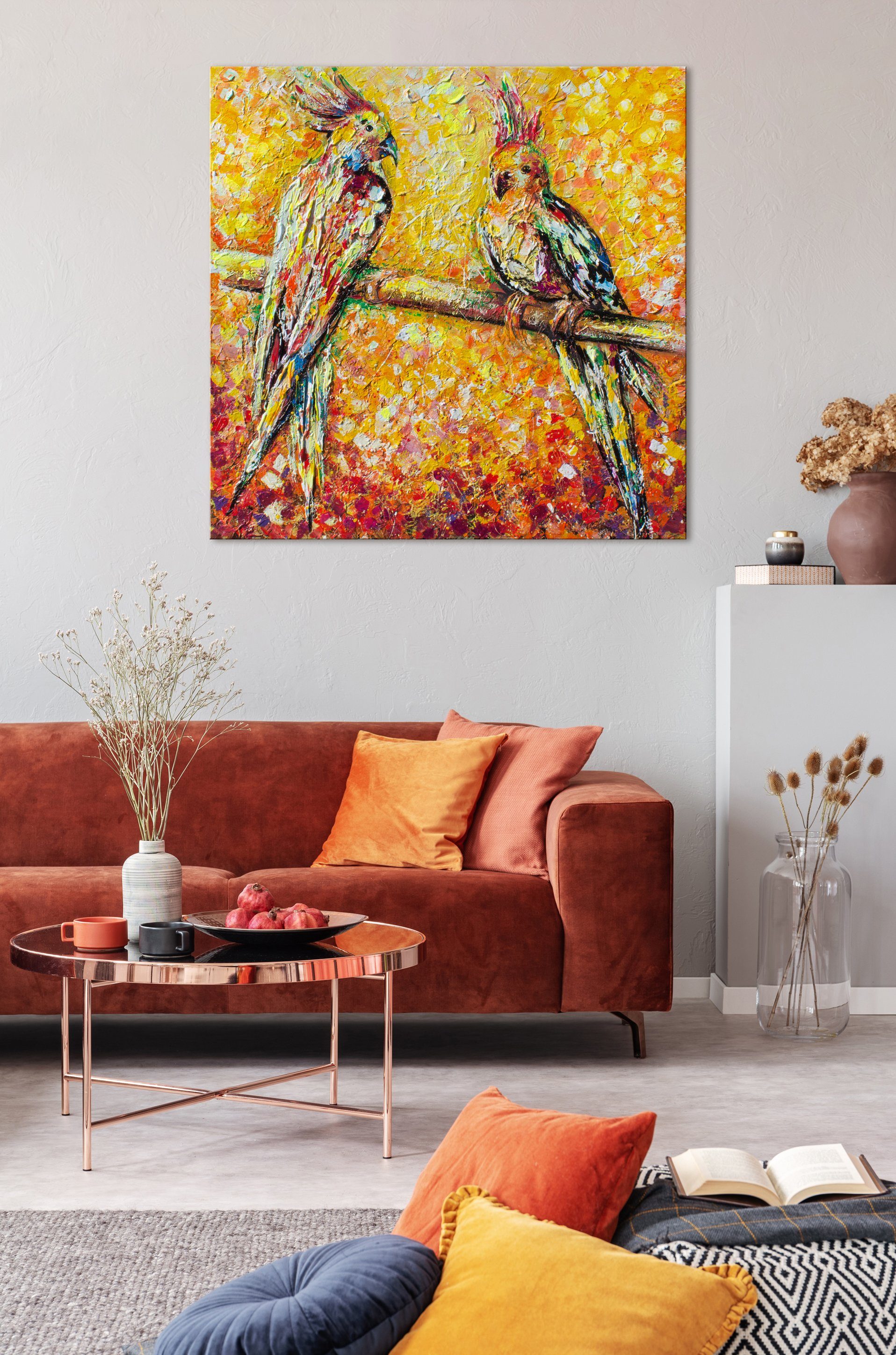 Bunt Bild Tierbilder, Rot Sonne, Orange YS-Art Handgemalt Schattenfugenrahmen Papagei Ohne Papagei Leinwand der Gemälde in