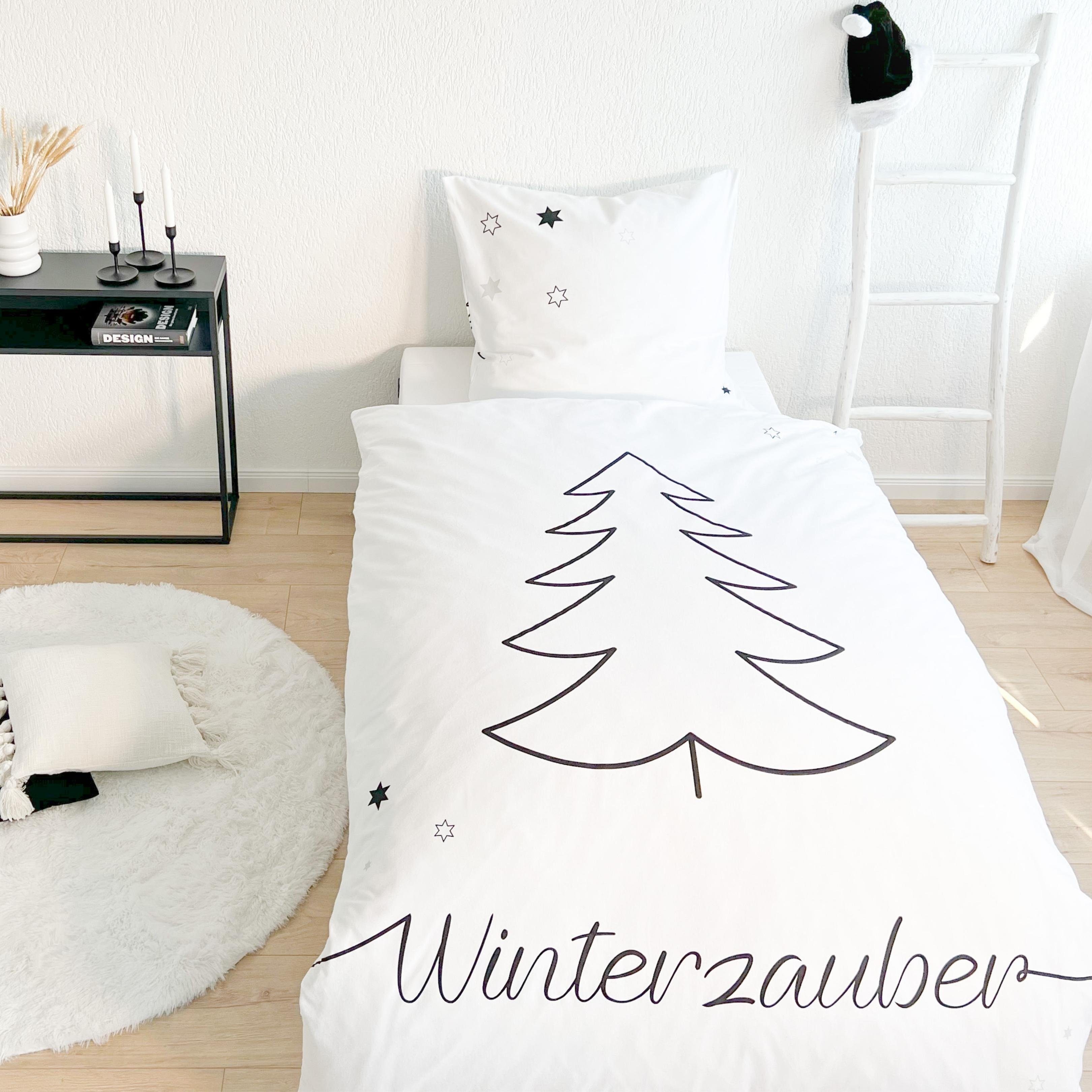 Bettwäsche Weihnachten Winterzauber, Tannenbaum Sterne, Biber, in Flanell, + und 100% teilig, 2 MTOnlinehandel, cm Biber, 135x200 Baumwolle 80x80