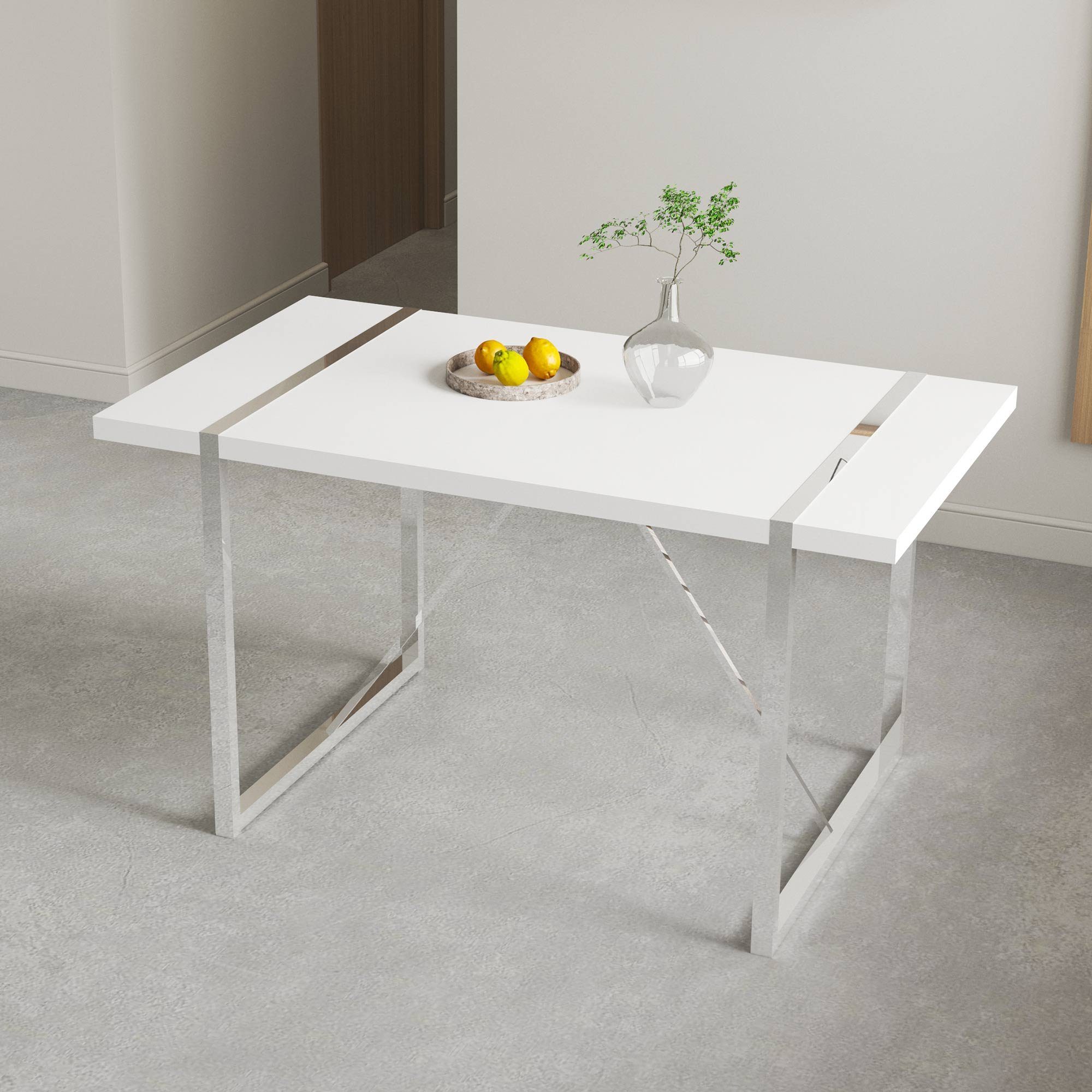 Flieks Esstisch (1-St), Küchentisch Schreibtisch, Beine aus Edelstahl, Weiß 138x76x76 cm Silberfarben | Weiß