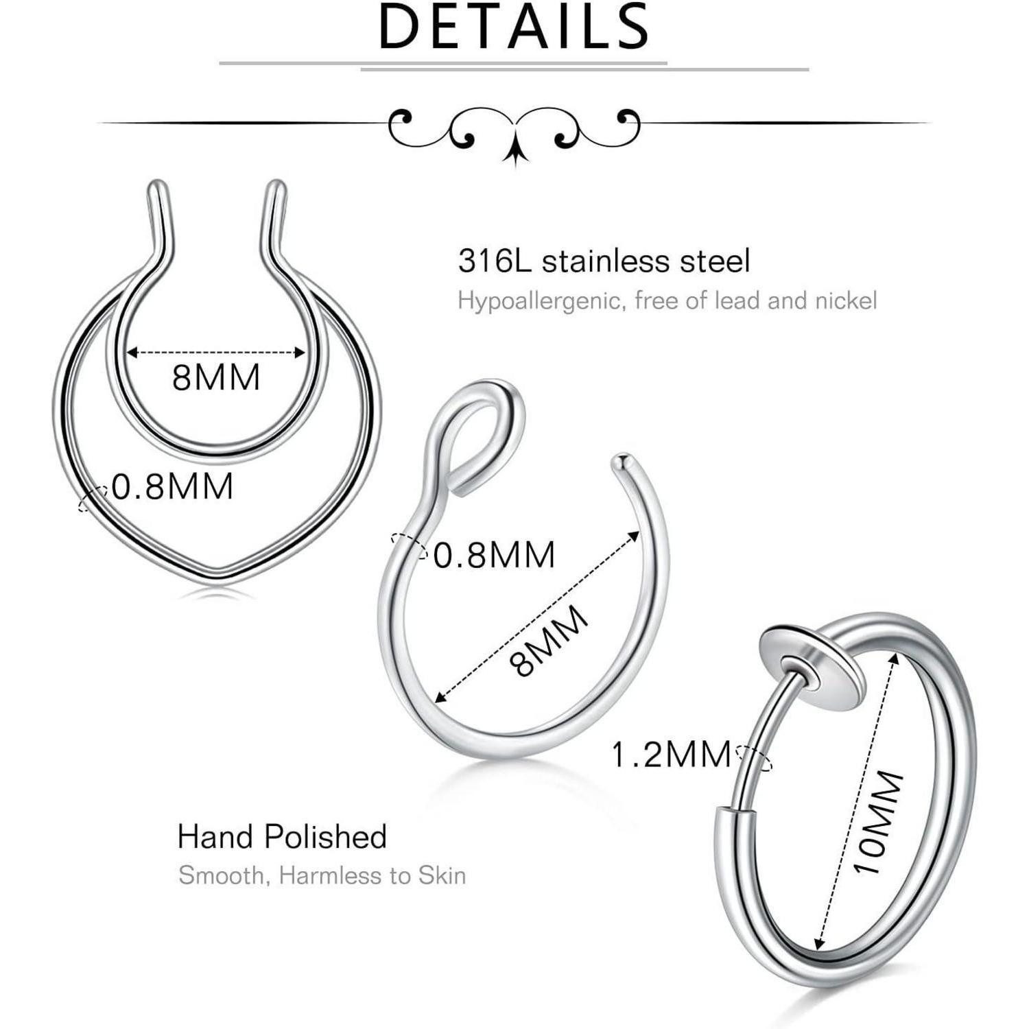 LuxusKollektion Nasenpiercing Nasenpiercing Septum Fake Clip Hoop Nasenring Damen 9 Stk Silber