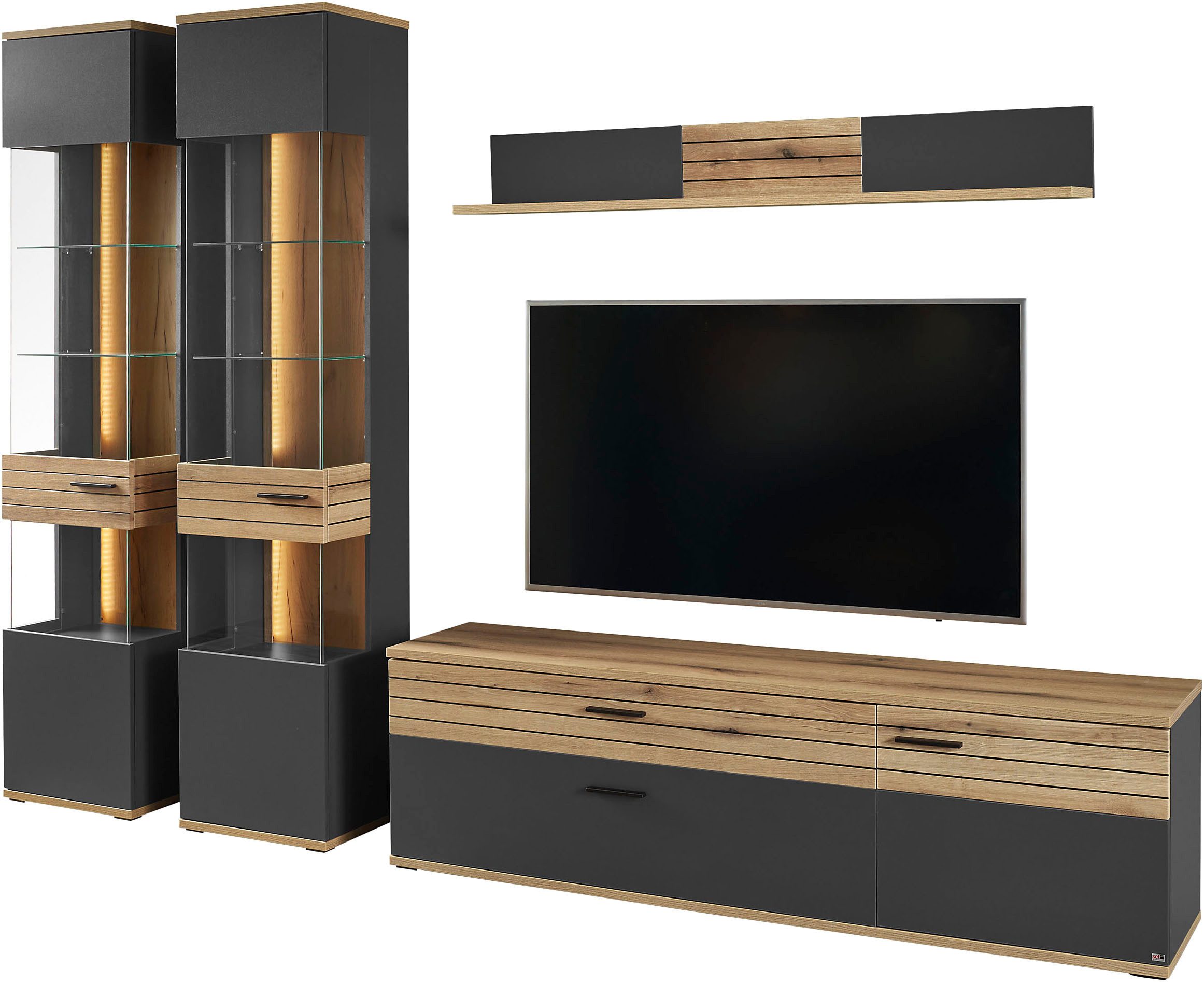 set one by Musterring Wohnwand Quincy, (3-St), 2 Vitrinen mit LED und Lowboard, in 2 Farben, ca. 300 cm breit