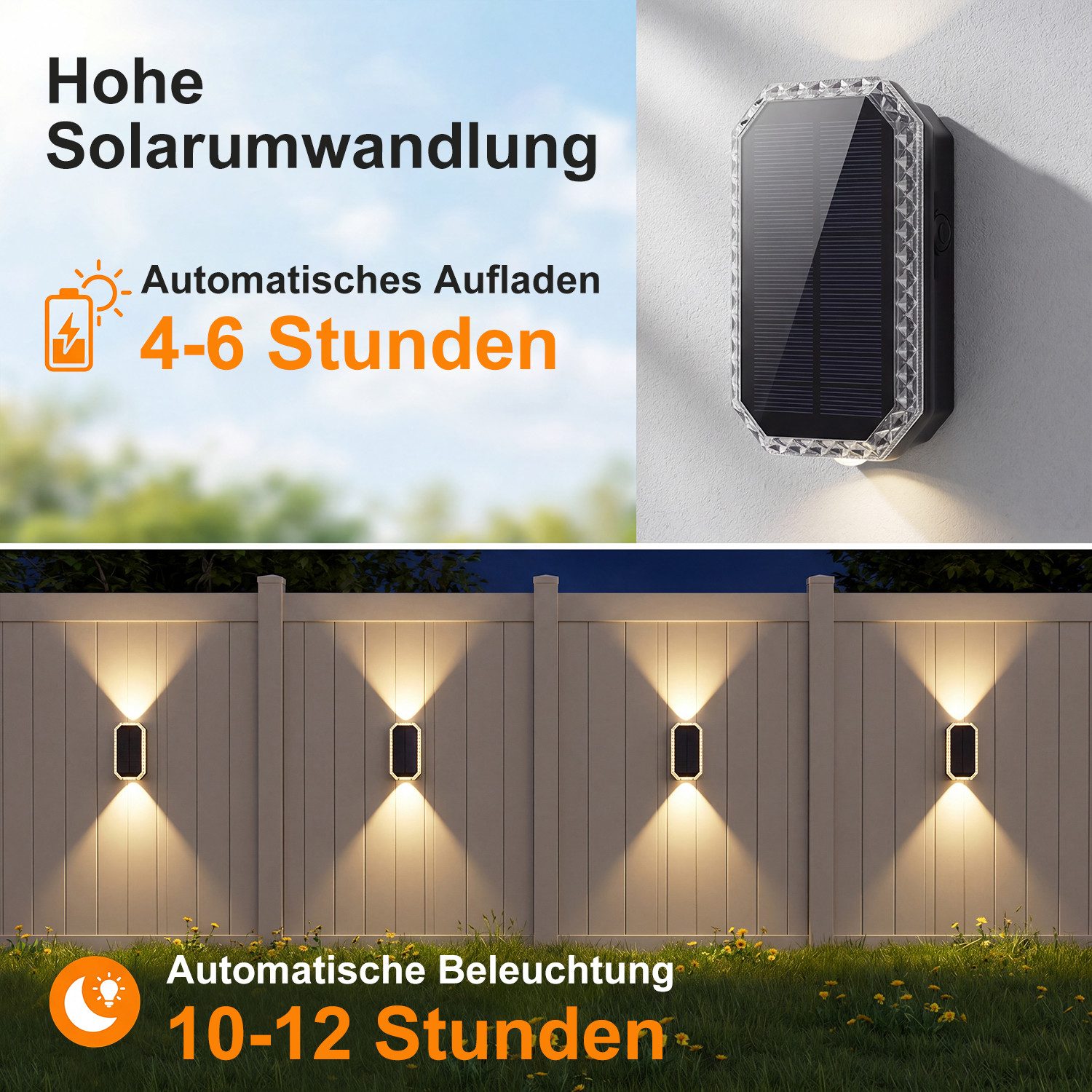 oyajia LED Außen-Wandleuchte Solar Wandleuchte Aussen, Solarlampen Up and Down, 2/4 Stück für Außen, 3 Farben Heller Solarleuchten, LED fest integriert, 3 Farben Heller Solarleuchten, Solarlampen für Außen Wand und Gartenzaun, für Hauswand, Terrasse