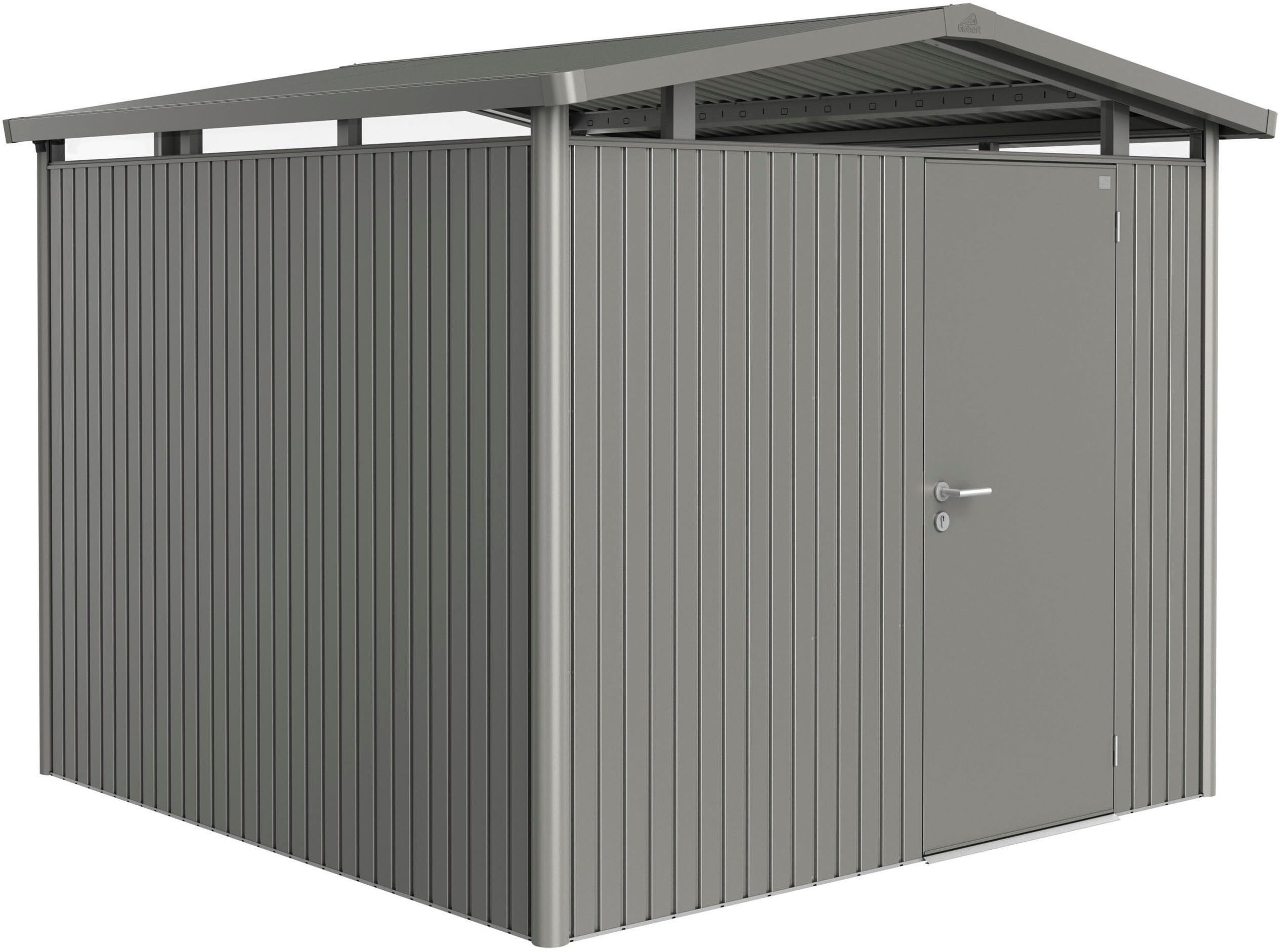 Biohort Gerätehaus PANORAMA Gr. P4 quarzgrau-metallic mit Standardtür, BxT: 273x278 cm, aus Metall mit umlaufendem Acrylglas-Lichtband