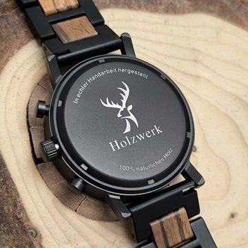 Holzwerk Chronograph WORMS Herren Edelstahl & Holz Armband Uhr, schwarz, braun