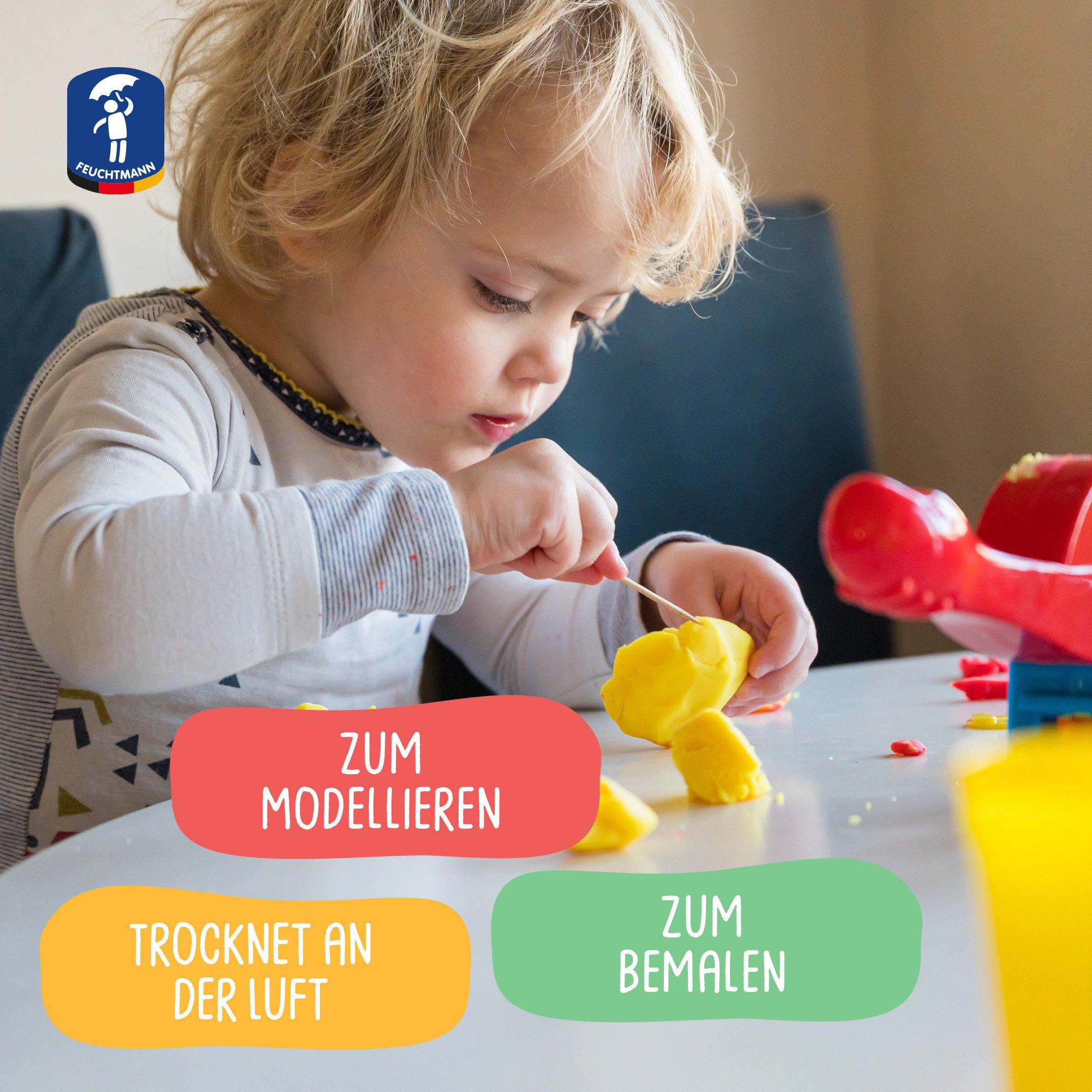 Feuchtmann Knete KINDER SOFT KNETE Mini Basic (1-tlg), 4 x 80g weiche lufttrocknende Kinderknete in praktischen Dosen