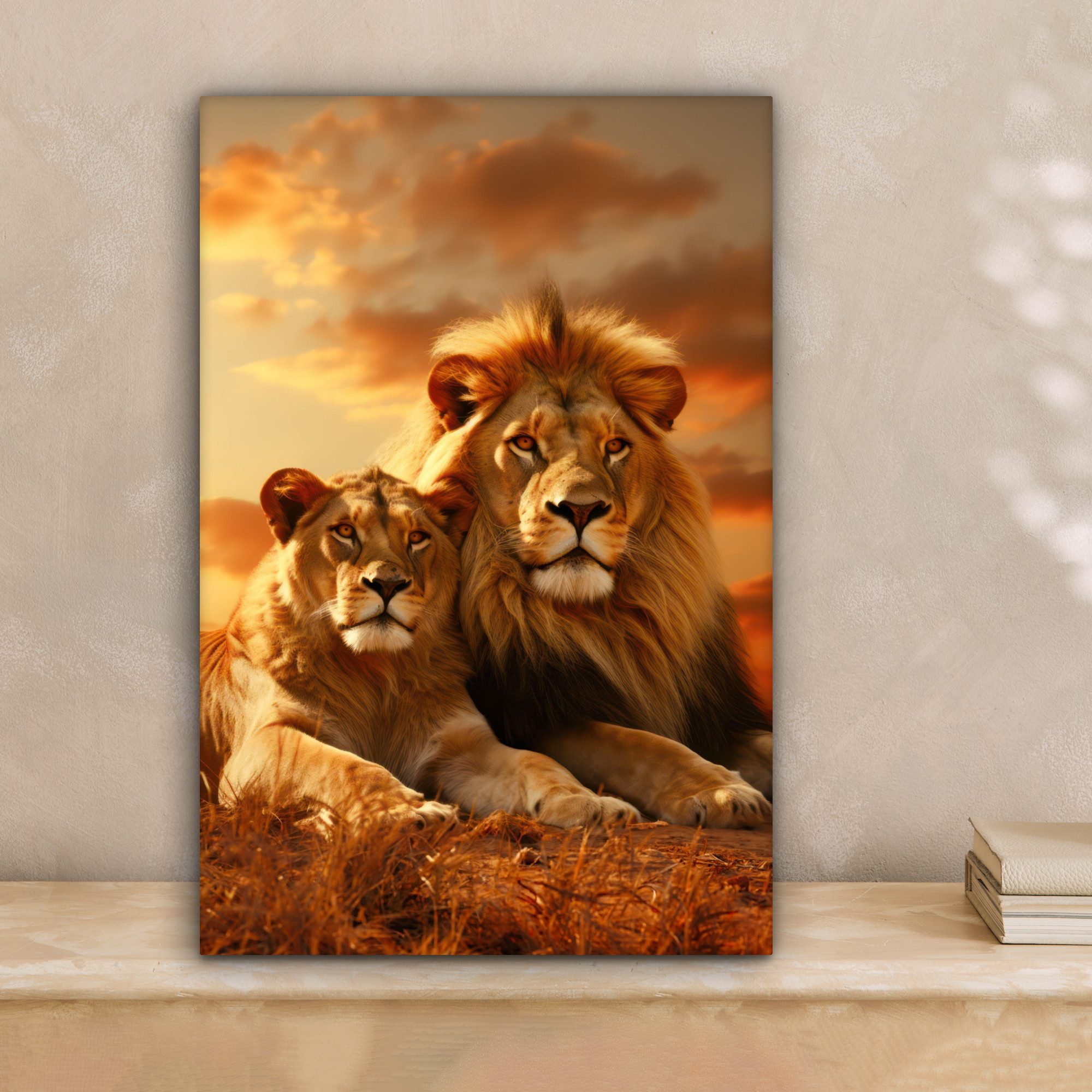 OneMillionCanvasses® Leinwandbild Löwen - Sonnenuntergang - Afrika - Savann günstig online kaufen