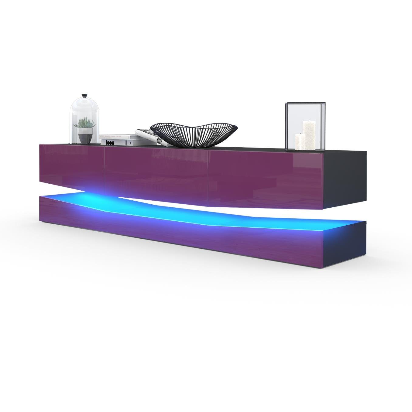 Vladon Lowboard City (TV-Kommode mit Sockelelement, 1 offenem Fach und 3 Schubkästen), Schwarz matt/Brombeer glänzend, mit Beleuchtung (178x variabel x39 cm)