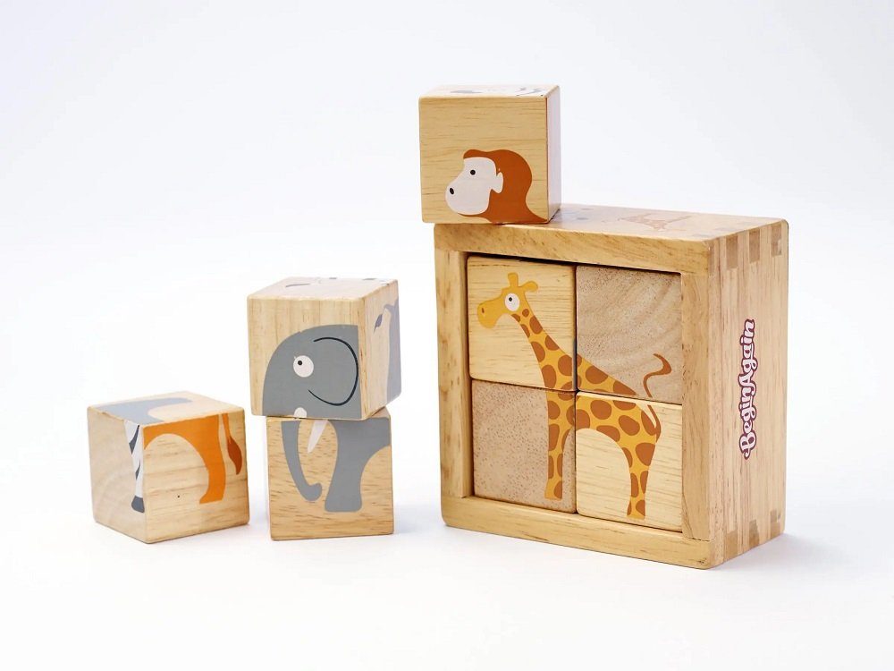 LK Trend & Style Puzzle Holzpuzzle In einem Würfel verschiedene Tiere, schönes Anfänger Puzzle, 4 Puzzleteile, aus nachhaltig gewonnenen Gummibaum Holz Elefant mit Freunde