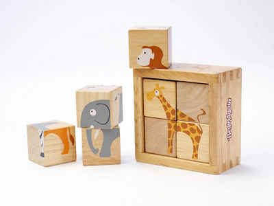 LK Trend & Style Puzzle Holzpuzzle In einem Würfel verschiedene Tiere, schönes Anfänger Puzzle, 4 Puzzleteile, aus nachhaltig gewonnenen Gummibaum Holz