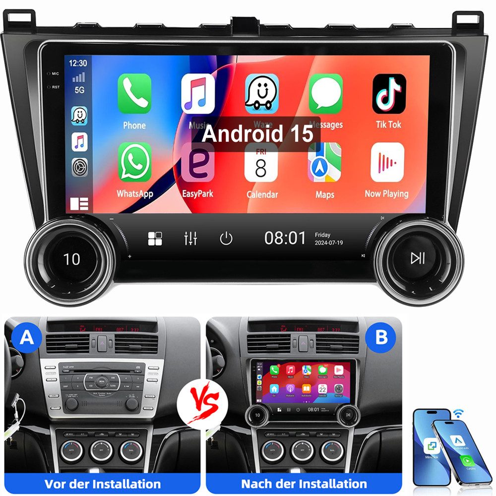 ESSGOO Für Mazda 6 GH GG 2007-2012 Android 15 Doppelknopf Autoradio (Digitalradio (DAB), RDS, FM, AM, Apple Carplay Android Auto SWC EQ BT)