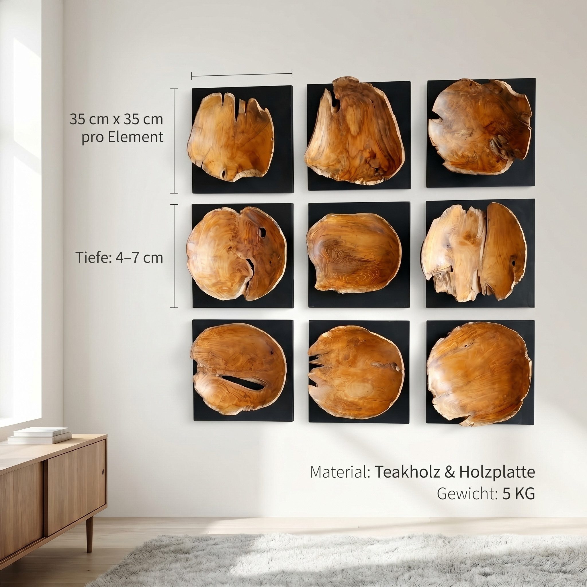 Möbel Bressmer Wanddekoobjekt FLORENT Holz Wanddeko 35cm,Wandbild Holz massivem Teakholz,Handarbeit – Bild 3 von 5