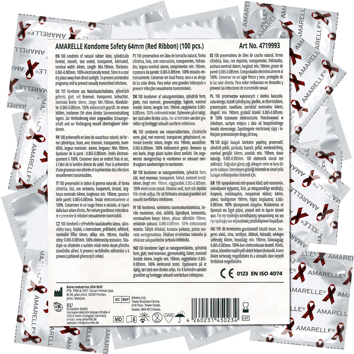 Amarelle Kondome Safety Packung mit, 100 St., 64mm (Red Ribbon) für alle Gelegenheiten, Vorratstüte