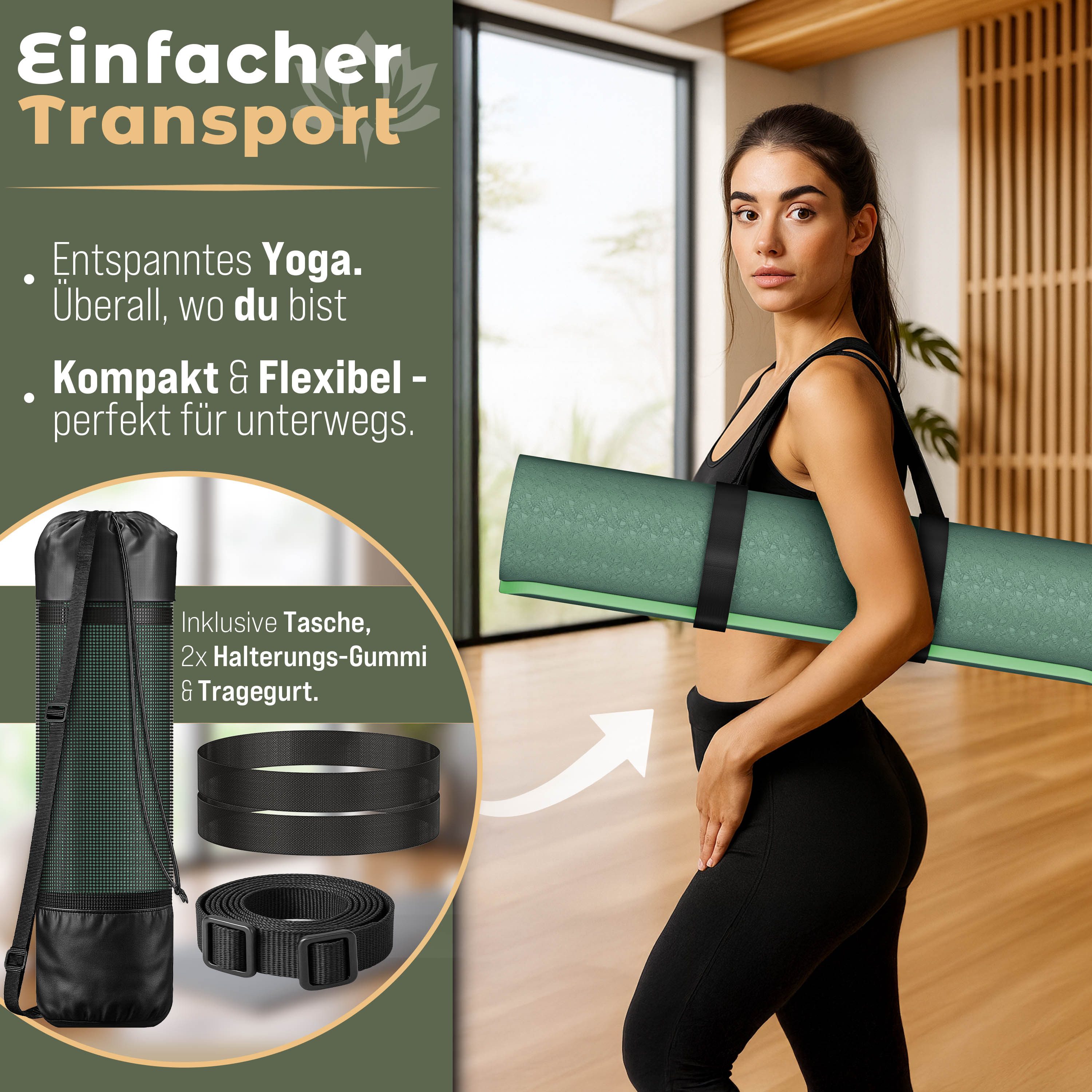 RE:SPORT Gymnastikmatte 183 x 61 x 0,6 cm mit Tragetasche Yogamatte TPE Fitnessmatte (rutschfest), Trainingsmatte mit Tragegurt Fitness Gymnastik Pilates Workout