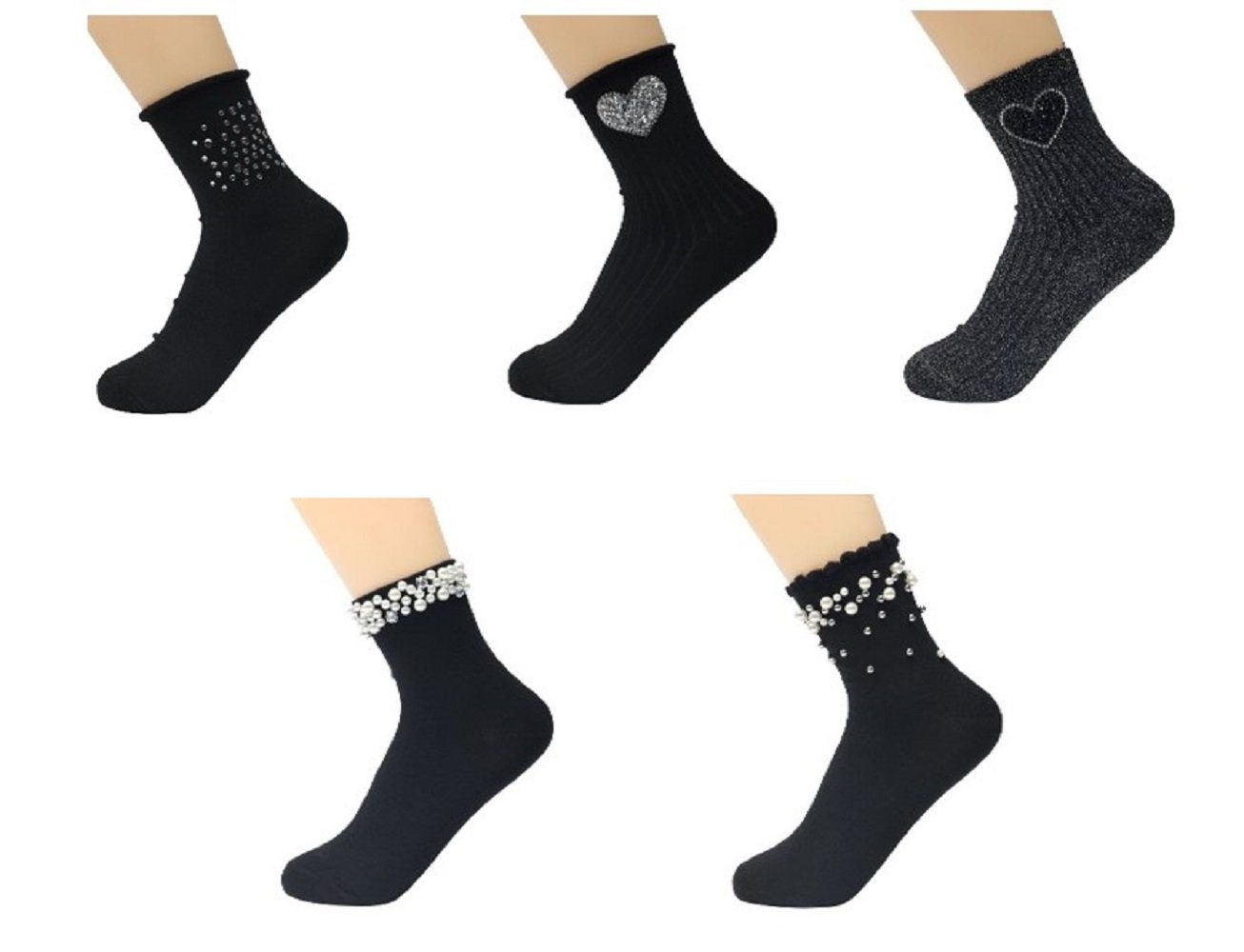 schwarz für 3 Modell mit Socken Paar Frauen Baumwollsocken Glitzer Lycille eleganter 1 36/41