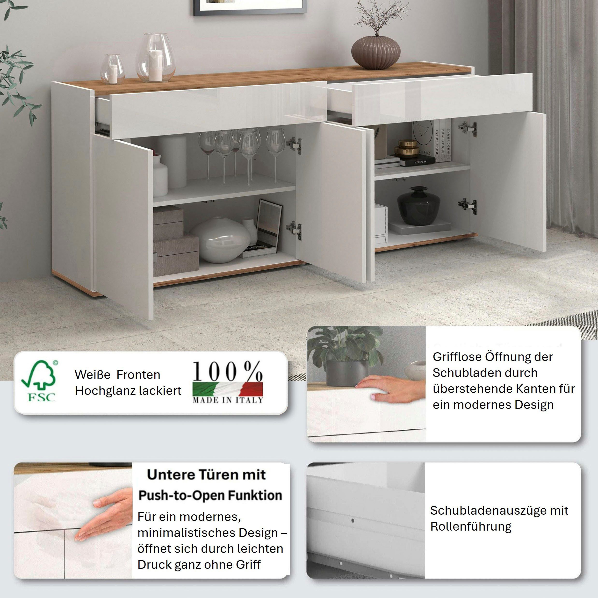OTTO home Sideboard Garda Kommode, Schrank, 4 Türen mit Push-to-Open, Made in Italy, Hochglanzlackierte Fronten,2 Schubladen, grifflos Breite 160,1 cm