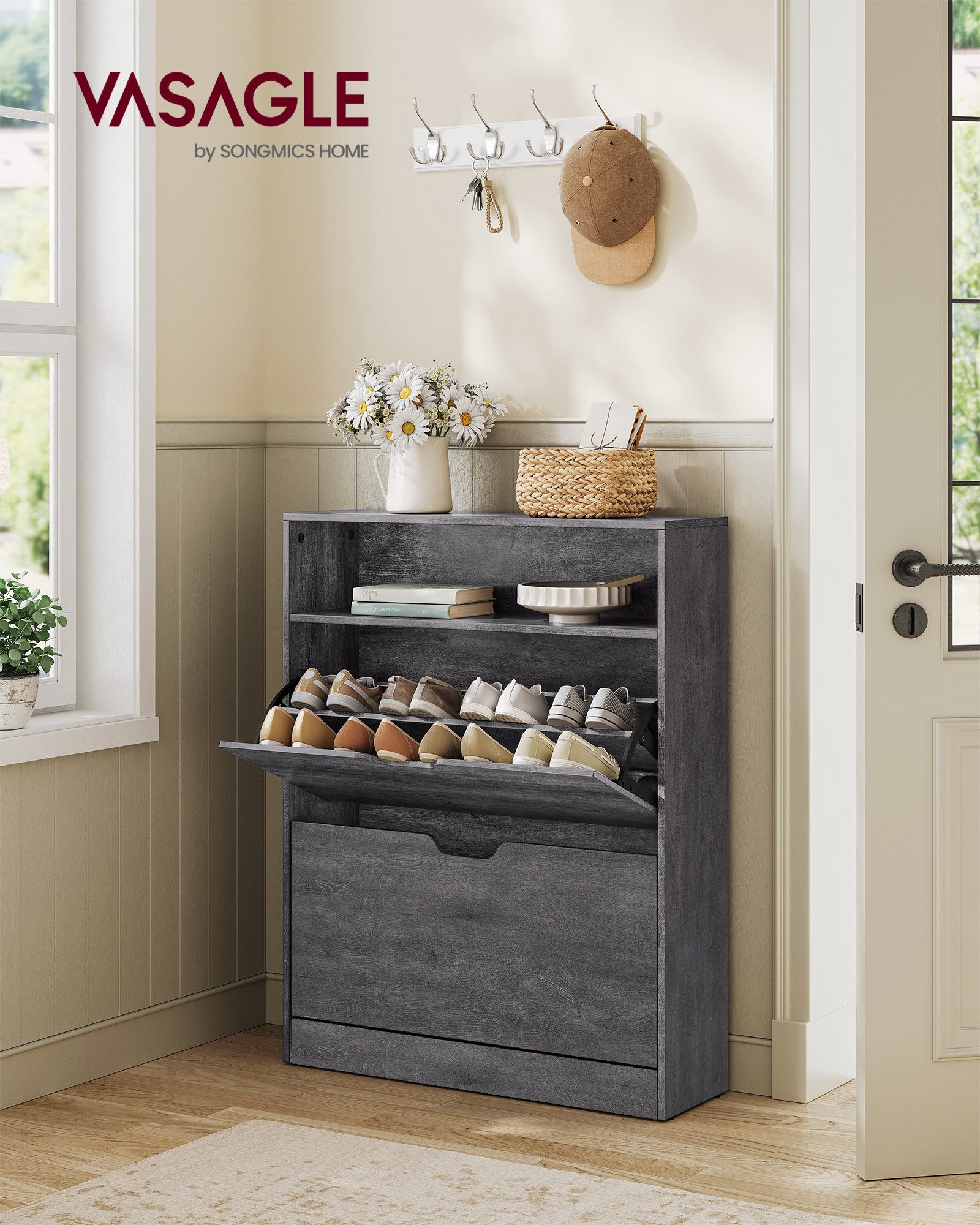 VASAGLE Schuhschrank Schuhkipper schmal, 2 oder 3 Klappen, offenes Fach oben Trennwand verstellbar, Höhe 102/139 cm, bis EU-Größe 45