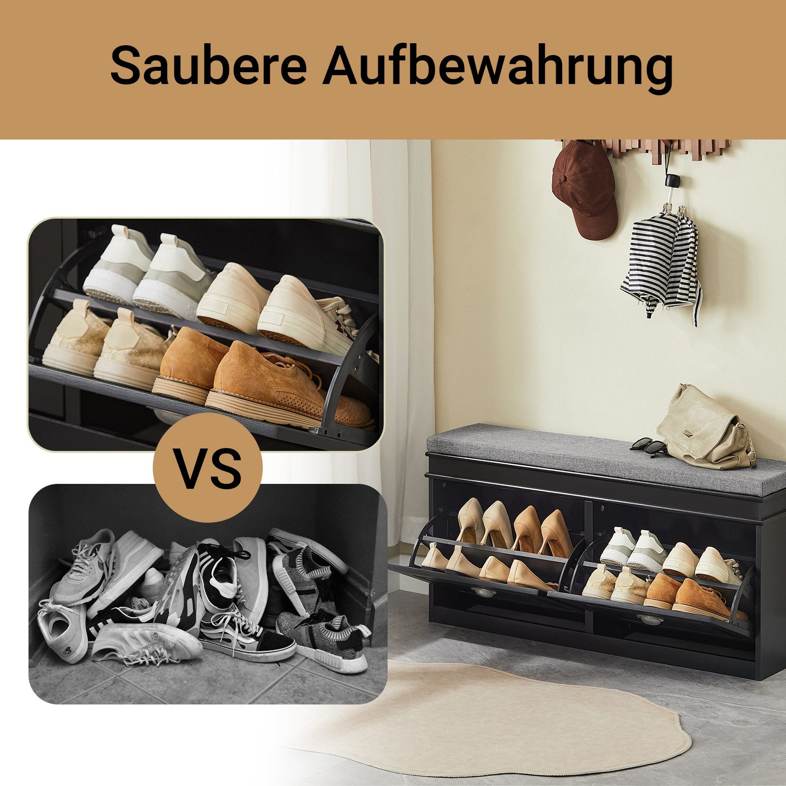 SoBuy Schuhbank FSR64, Schuhbank mit Sitzfläche, Schuhschrank schmal Schuhregal, Schuhkipper Sitzbank mit 2 Klappen, Schuhablage für Flur, kleine Räume