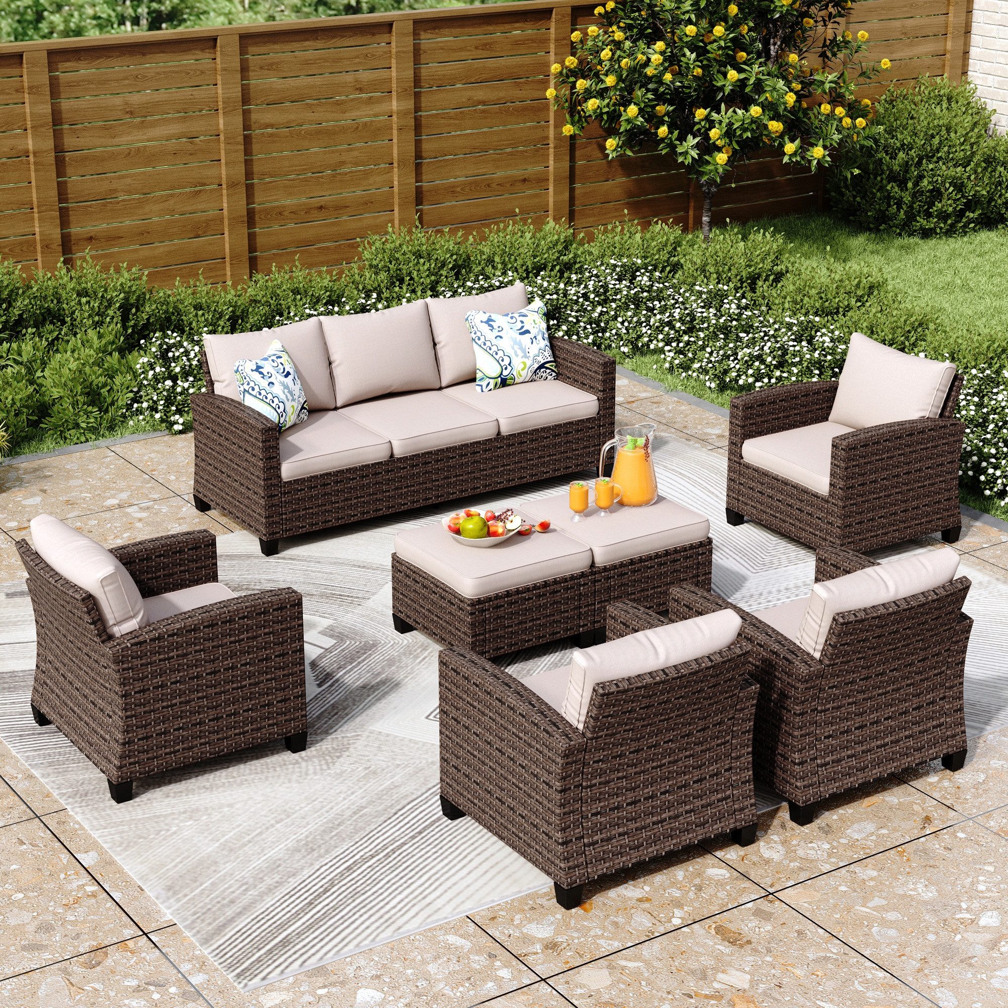 PHI VILLA Gartenlounge-Set, (Gartenmöbel Set Balkonmöbel, Rattan Lounge Möbel Outdoor Gartenlounge Set)