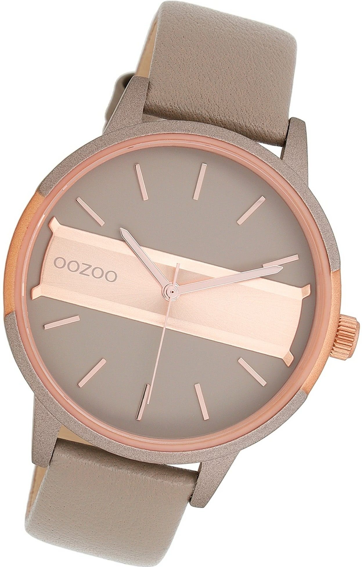 OOZOO Quarzuhr Oozoo Damen Armbanduhr Timepieces, Damenuhr Lederarmband taupe, braun, rundes Gehäuse, groß (ca. 42mm)