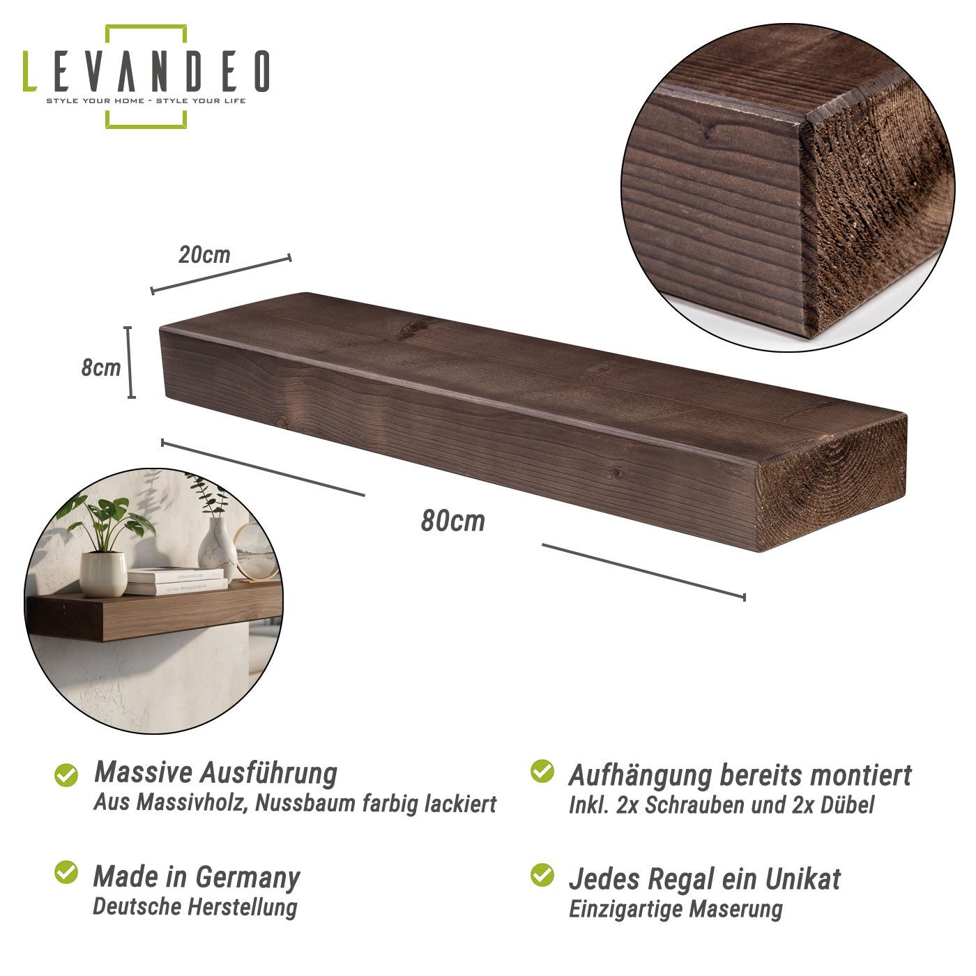 Levandeo® Wandregal, levandeo Wandregal Holz Massiv 80x20cm Nussbaum Farbig günstig online kaufen