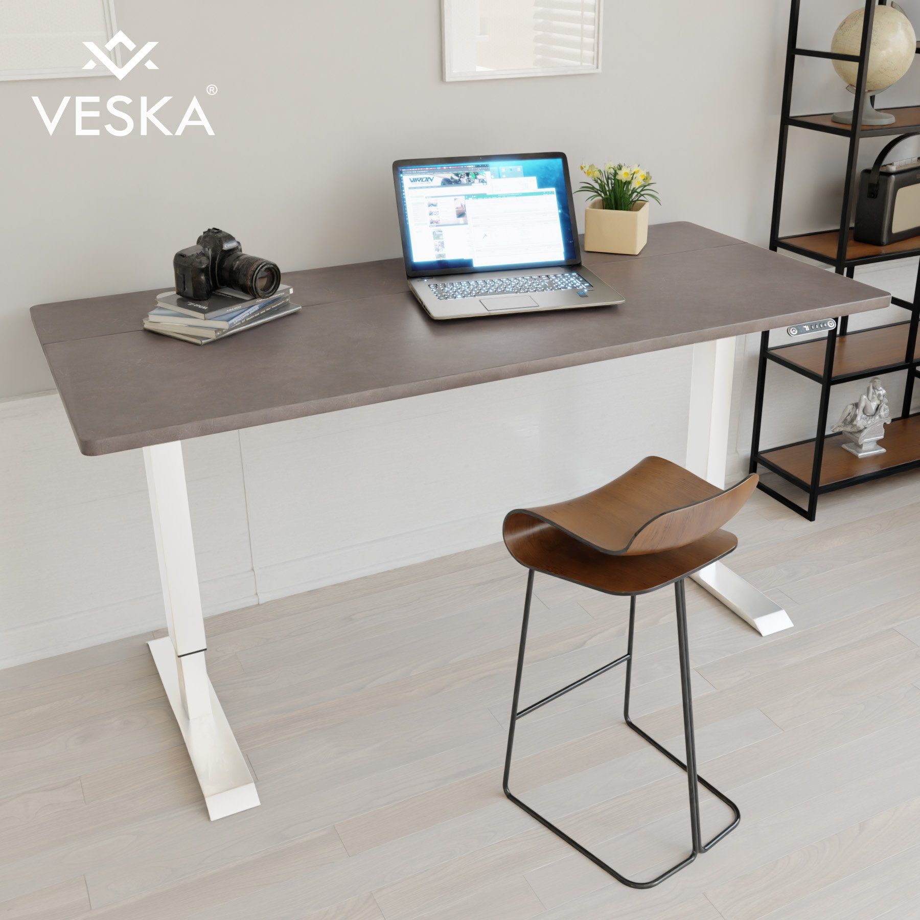 VESKA Schreibtisch Höhenverstellbar 140 x 70 | Weiß Elektrisch - mit Bürotisch & Stehpult Stein-Anthrazit Sitz- cm - Office Home Touchscreen