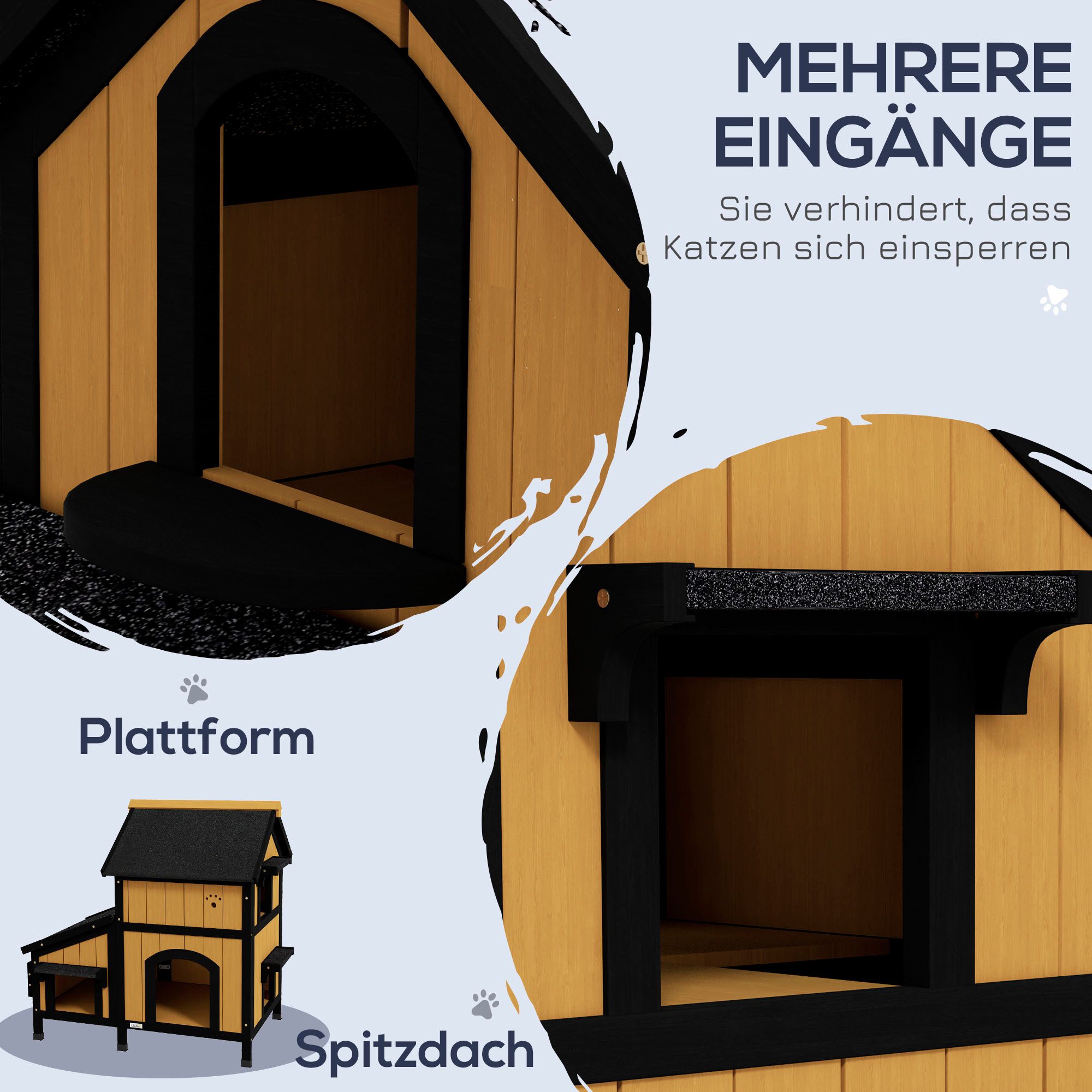 MC Star Tierhöhle Katzenhaus, Tannenholz, Katzenhütte mit mehreren Eingängen, 2 Etagen