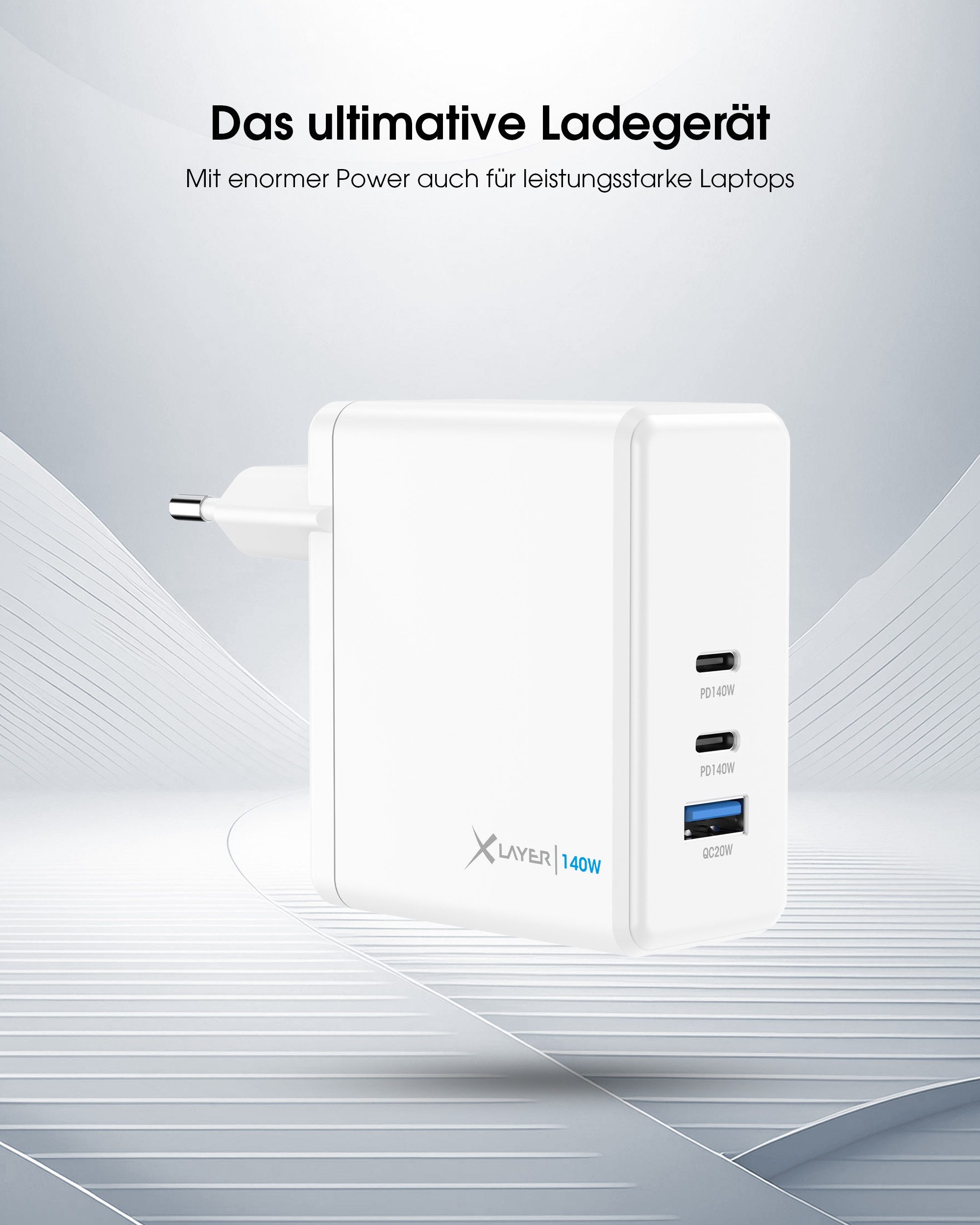 XLAYER Powercharger USB-C Schnellladegerät I 140W PD I GaN Charger I 3-Port Smartphone-Ladegerät