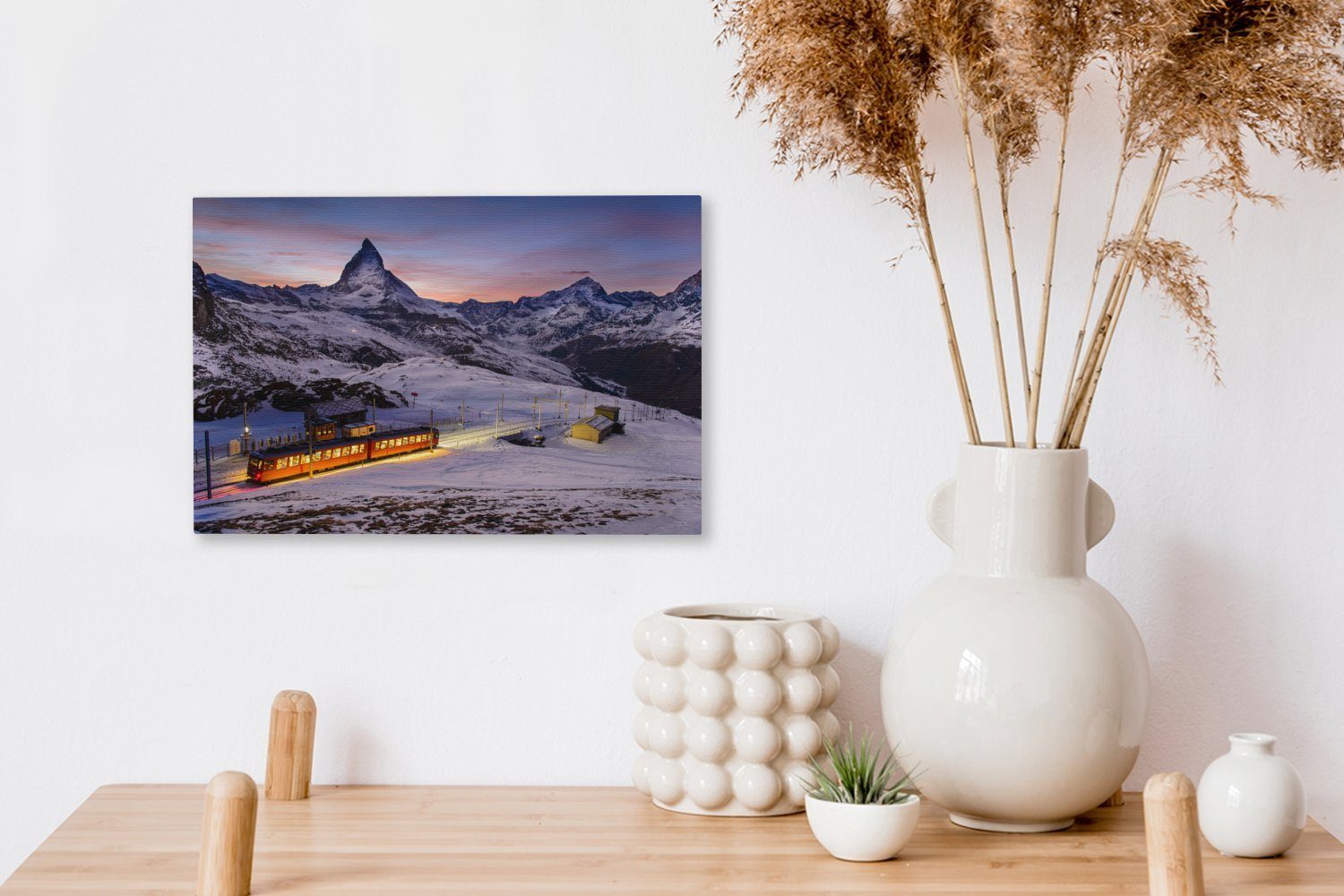 OneMillionCanvasses® Leinwandbild Zug durch Leinwandbilder, 30x20 cm Landschaft St), Wandbild Schweiz (1 Wanddeko, verschneite Aufhängefertig, Sonnenaufgang, in der bei die