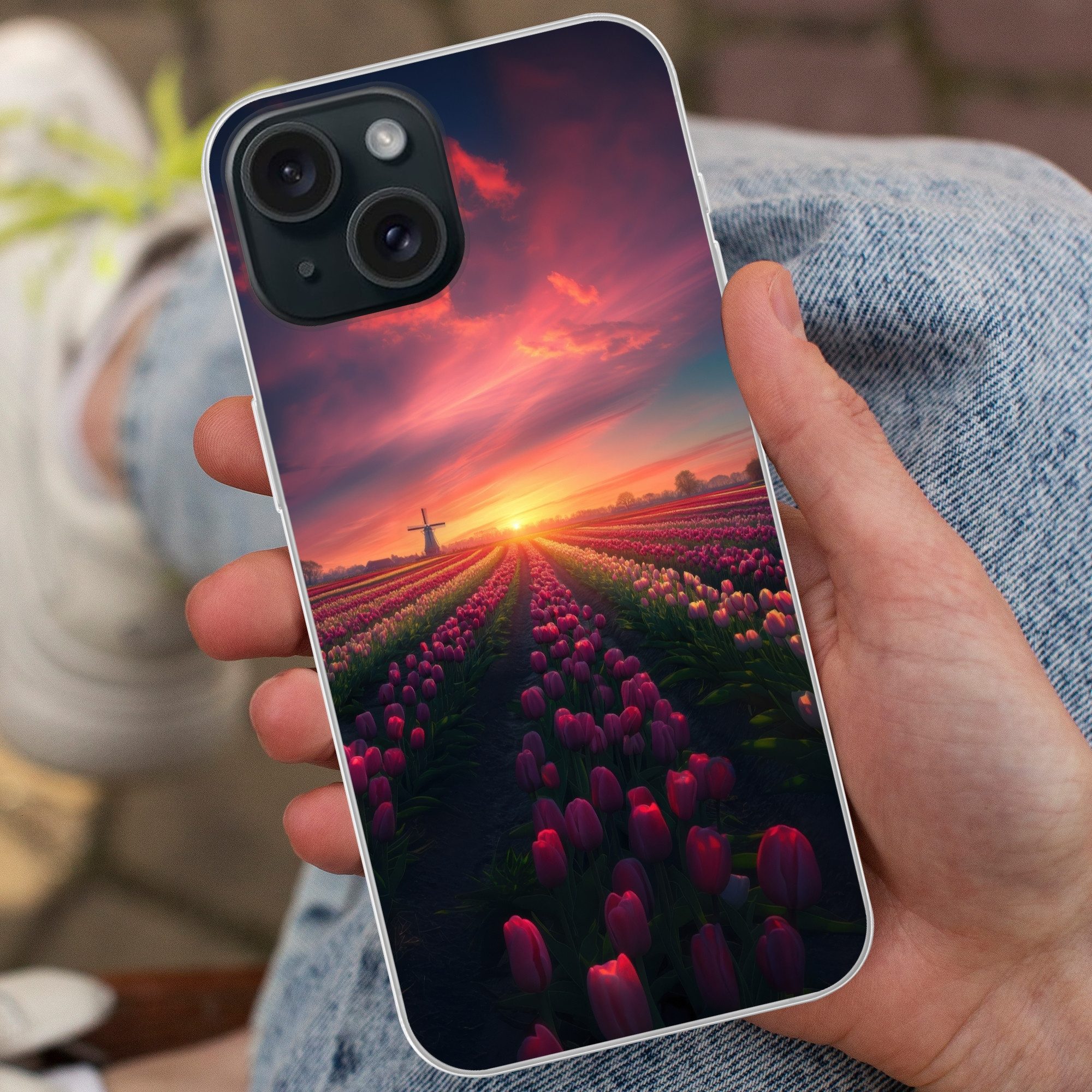 MuchoWow Handyhülle für Apple iPhone 15 Windmühle - Sonnenuntergang - Landschaft, Smartphone-Bumper, Print, Handy Schutzhülle Dünn