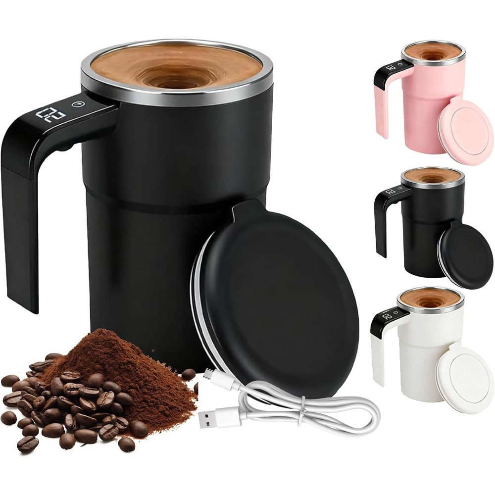 PRIISF Thermobecher Elektrischer Selbstrührende Kaffeebecher 380ml Automatischer Mixbecher, Edelstahl-304, Magnetische Selbstrührende Tasse Temperaturanzeige Wiederaufladbarer