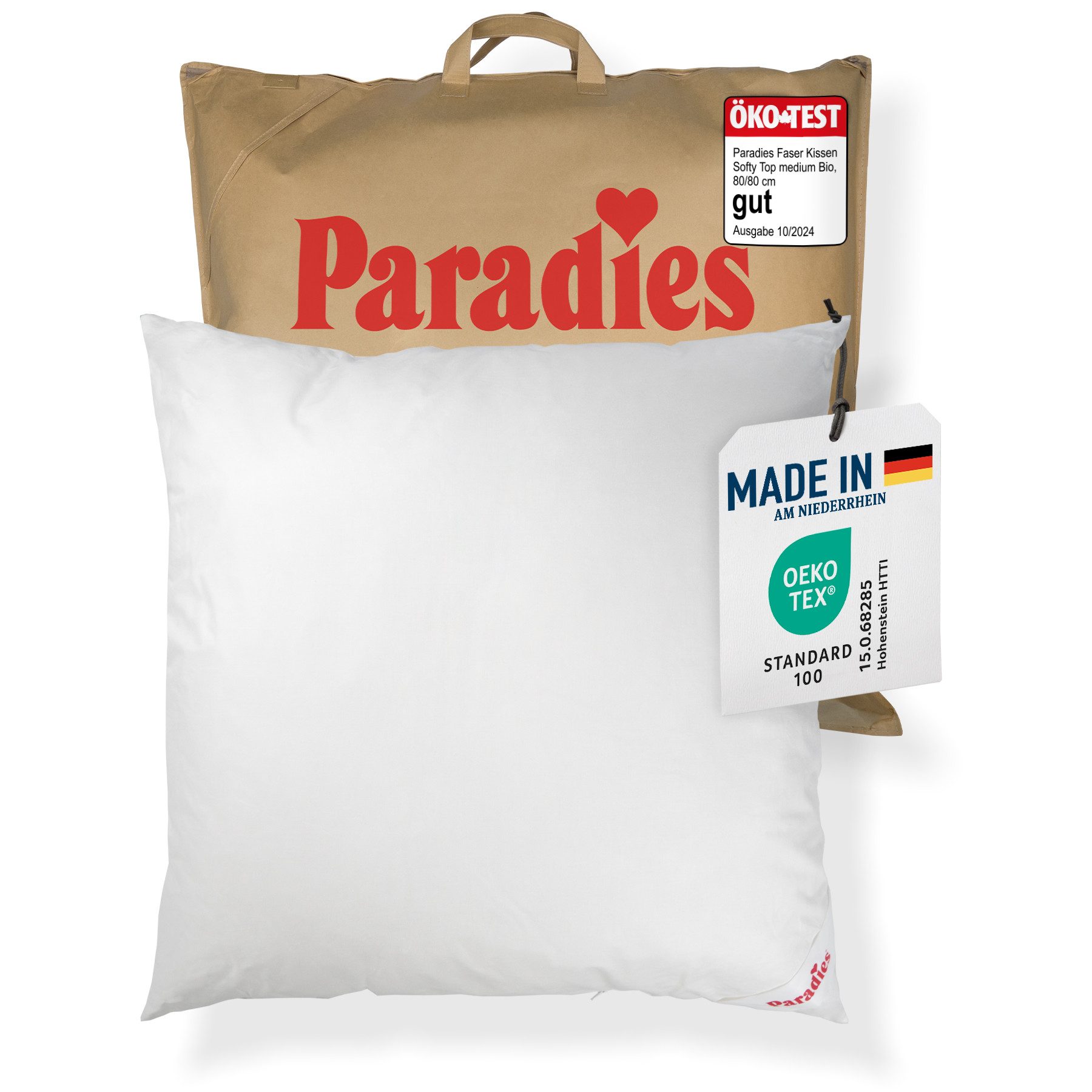 Paradies Kopfkissen Softy Top Bio, Füllung: 100% Polyester, Bezug: 100% Bio-Baumwolle, Bauchschläfer, Seitenschläfer, Rückenschläfer, hergestellt in Deutschland, Füllmengenanpassung durch Reißverschluss