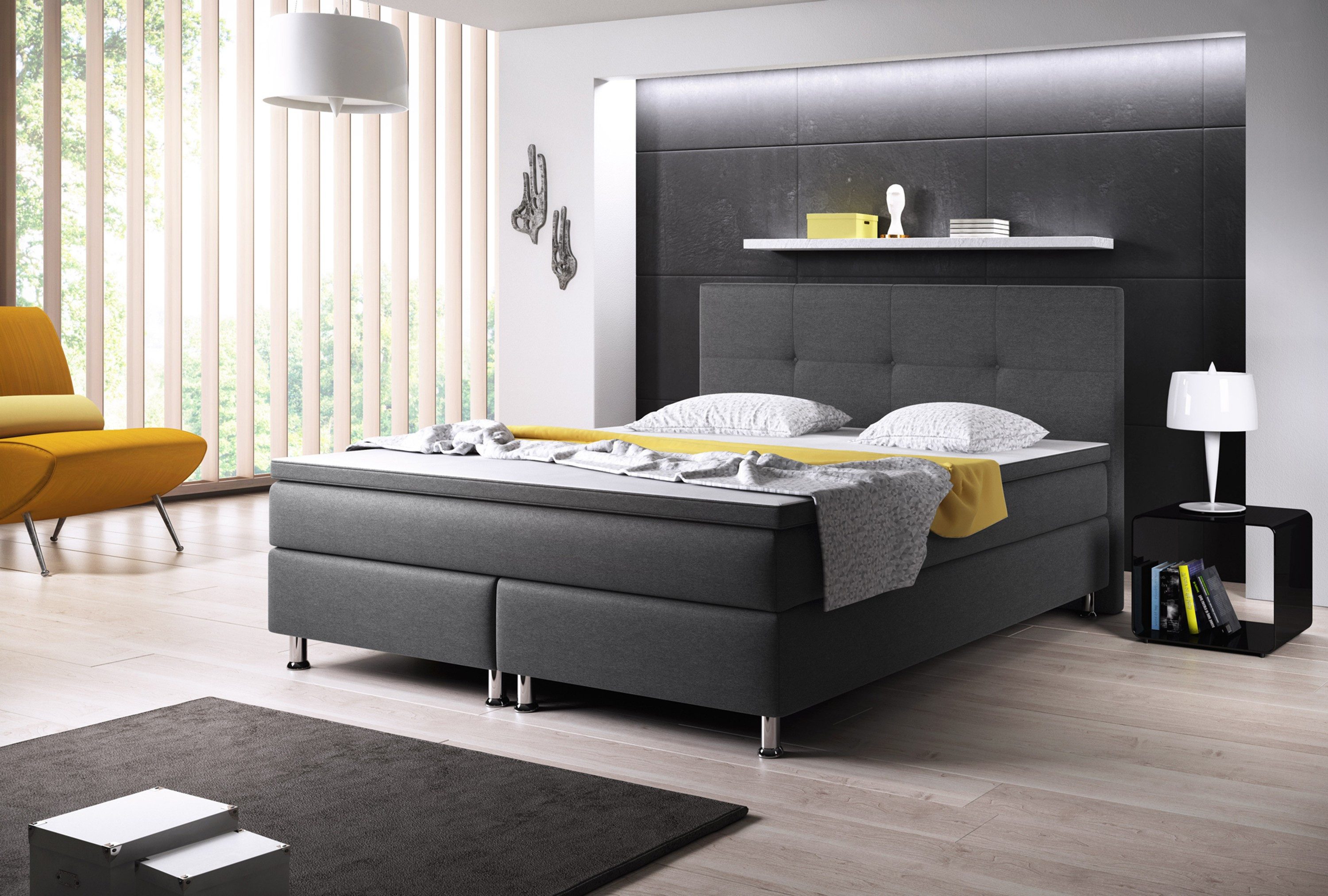 inter Boxspringbett Dallas 140x200 cm Webstoff (Anthrazit), inkl. Topper und Matratze