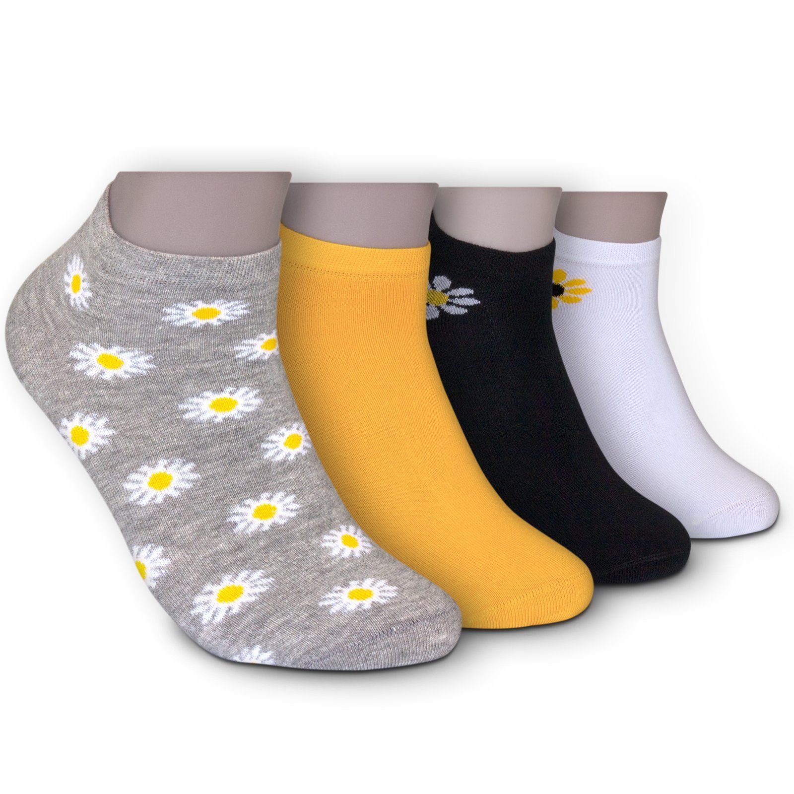 Die Sockenbude Sneakersocken FLOWER gelb) Piqué-Bund Soft schwarz (Bund, weiß 4-Paar, mit