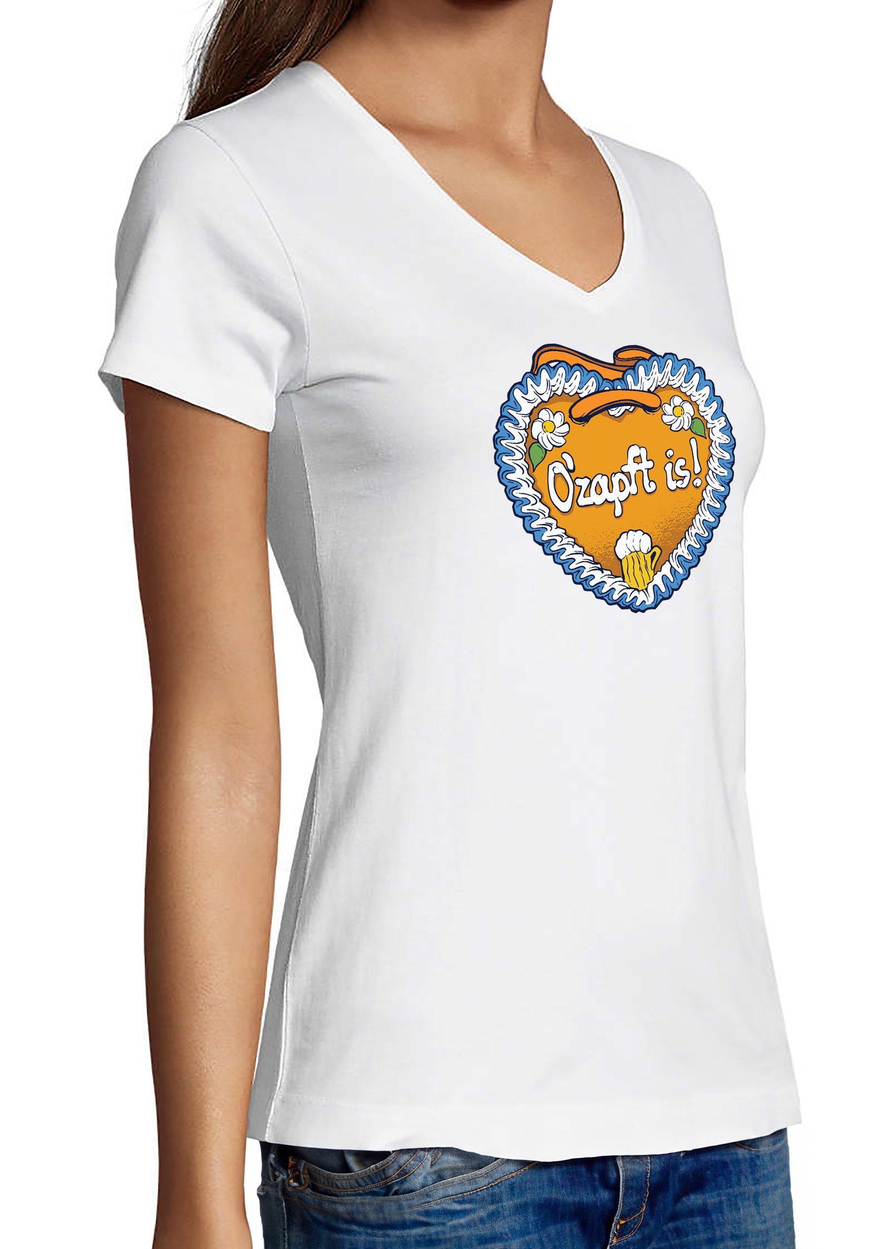 T-Shirt Damen mit weiss i313 MyDesign24 Lebkuchen V-Ausschnitt O´Zapft Herz Oktoberfest - is Shirt Fit, Print Slim T-Shirt