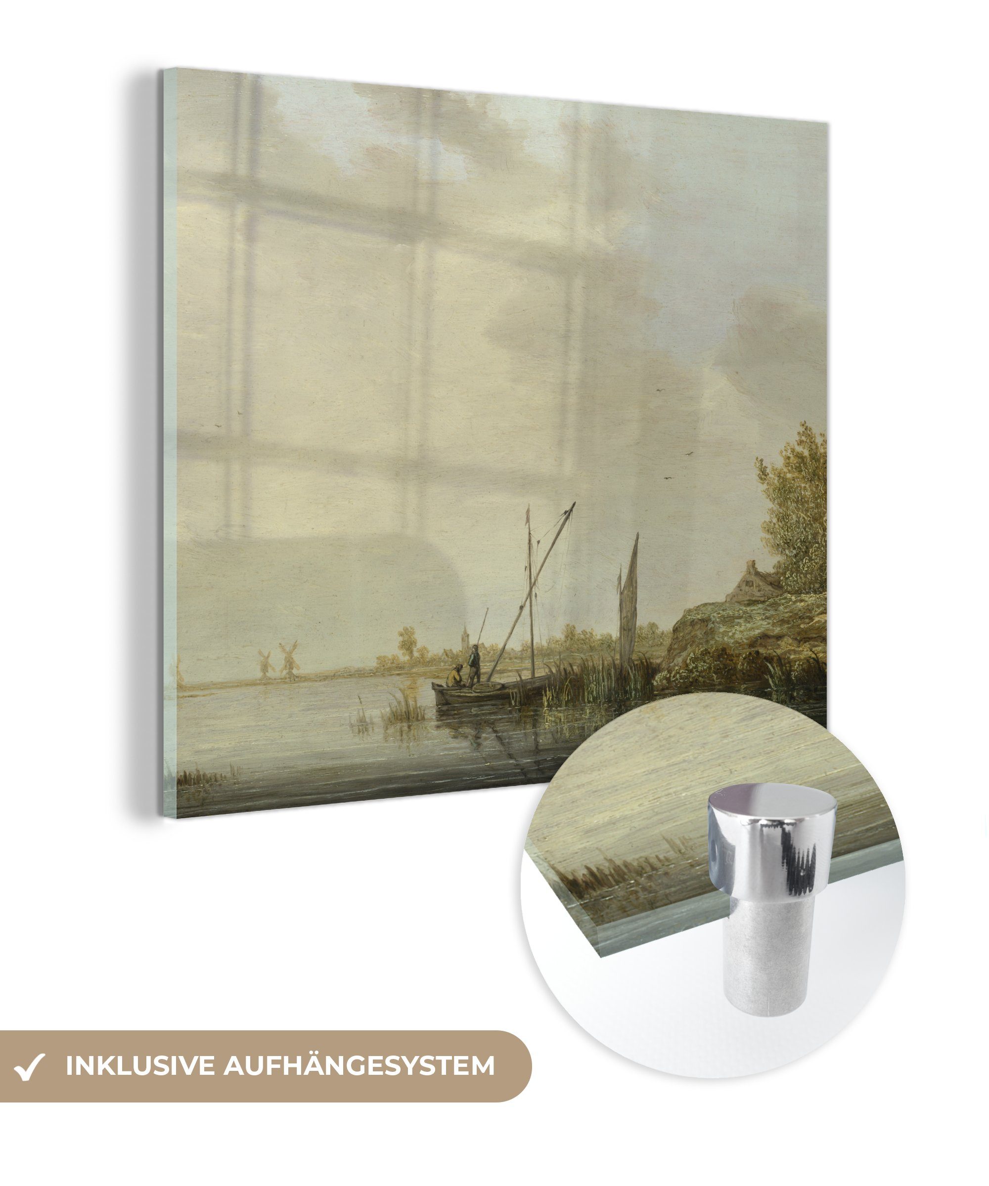 MuchoWow Acrylglasbild Flusslandschaft mit entfernten Windmühlen - Aelbert Cuyp, (1 St), Glasbilder - Bilder auf Glas Wandbild - Foto auf Glas - Wanddekoration