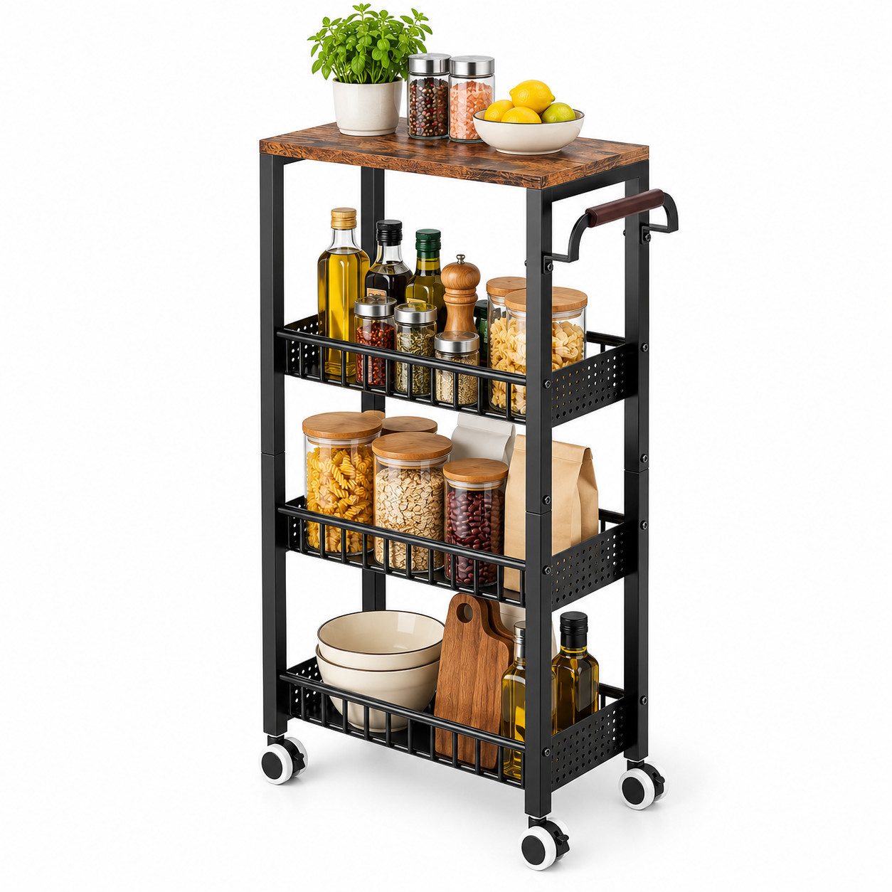 LEMLIT Rollwagen Küchenwagen 4 Etagen Schmal Mit Rollen Und Holzplatte, (1er Set, 1 St., Produktmaße: 40 x 20 x 86,5 cm), 3 Metallkörbe, 2 …
