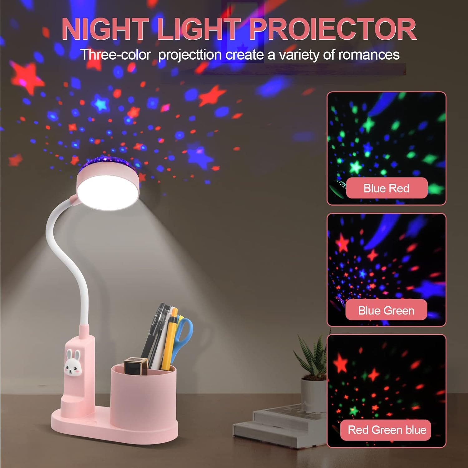 POPOLIC LED Schreibtischlampe LED-Stifthalterleuchte, dimmbare Projektion verstellbarer Lichtmast, 2-in-1 Schreibtischlampe, Farbwechsel, mehrere Helligkeitsstufen