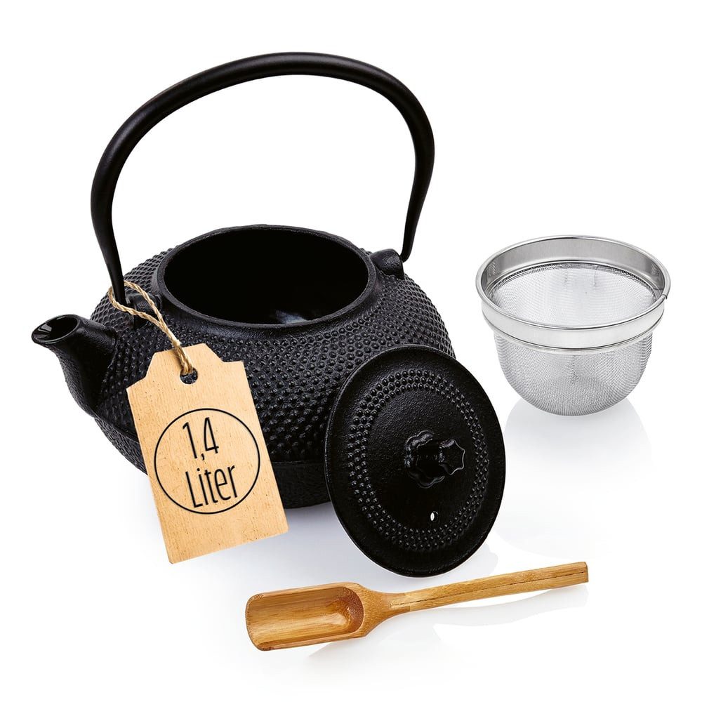 Lumaland Teekanne im Asia Hobnail Design, 1 x gusseiserne Teekanne, (3-St), (1,4 Liter) 1x Bambus Dosierlöffel 1 x Edelstahlsieb