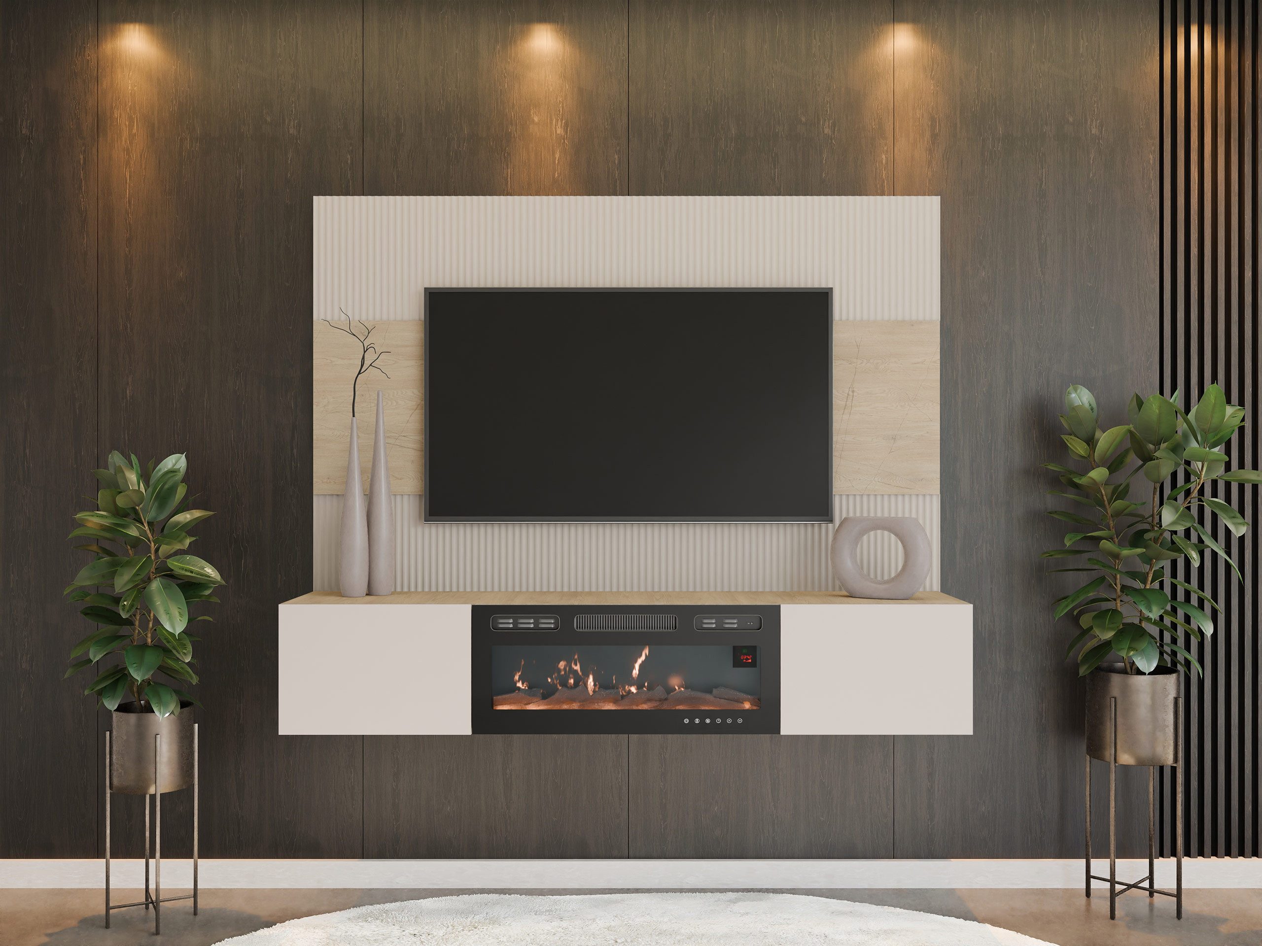 MIRJAN24 Wohnwand Deromi III mit Kamin, (2er-Set, TV-Lowboard mit Wandpaneel), Realistische LED-Flamme, Griffloses Öffnungssystem – Bild 3 von 5