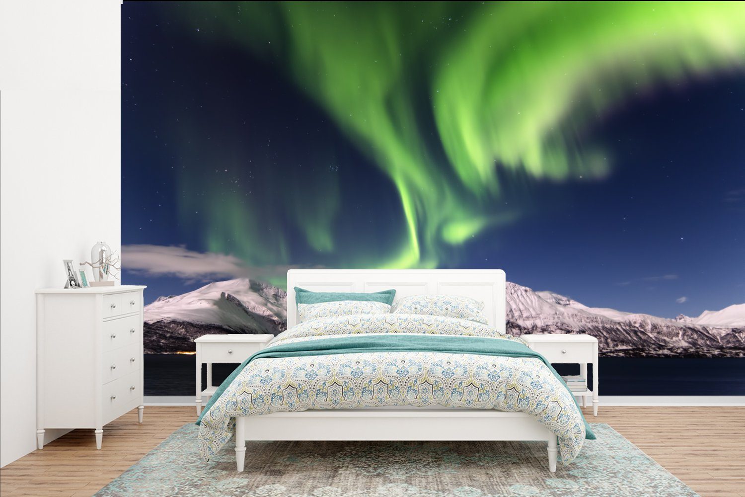 MuchoWow Fototapete Nordlichter - Landschaft - Norwegen, Matt, bedruckt, (7 St), Vinyl Tapete für Wohnzimmer oder Schlafzimmer, Wandtapete